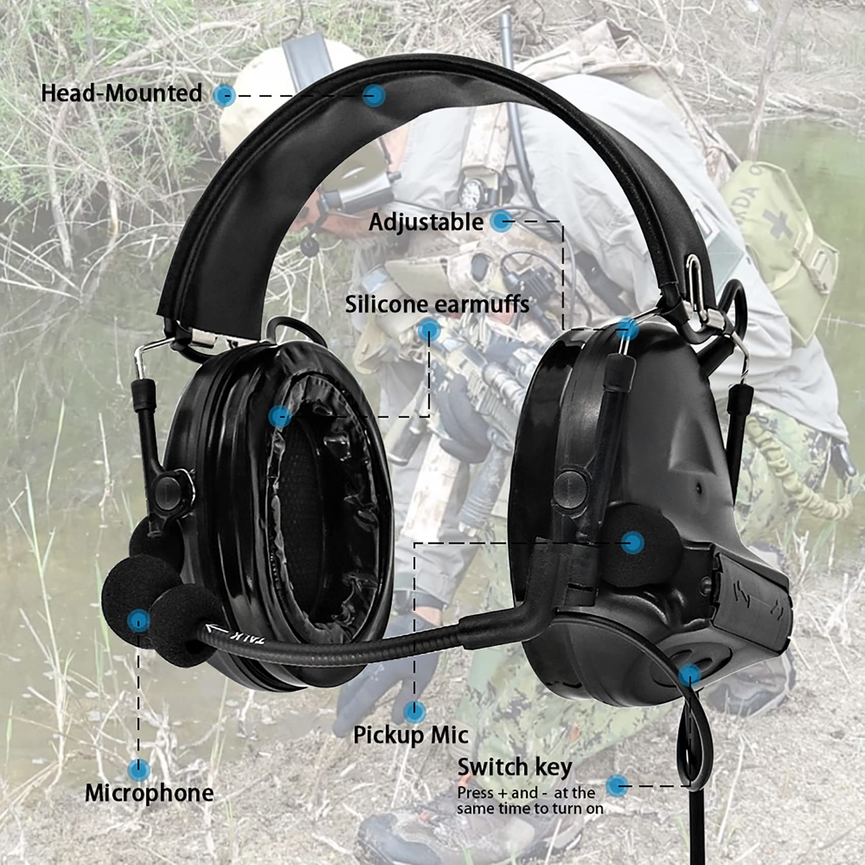 Tactical Headset with Gel Ear Pads Sound Pickup Hearing Defender with PTT 2 PIN for Airsoft Sports