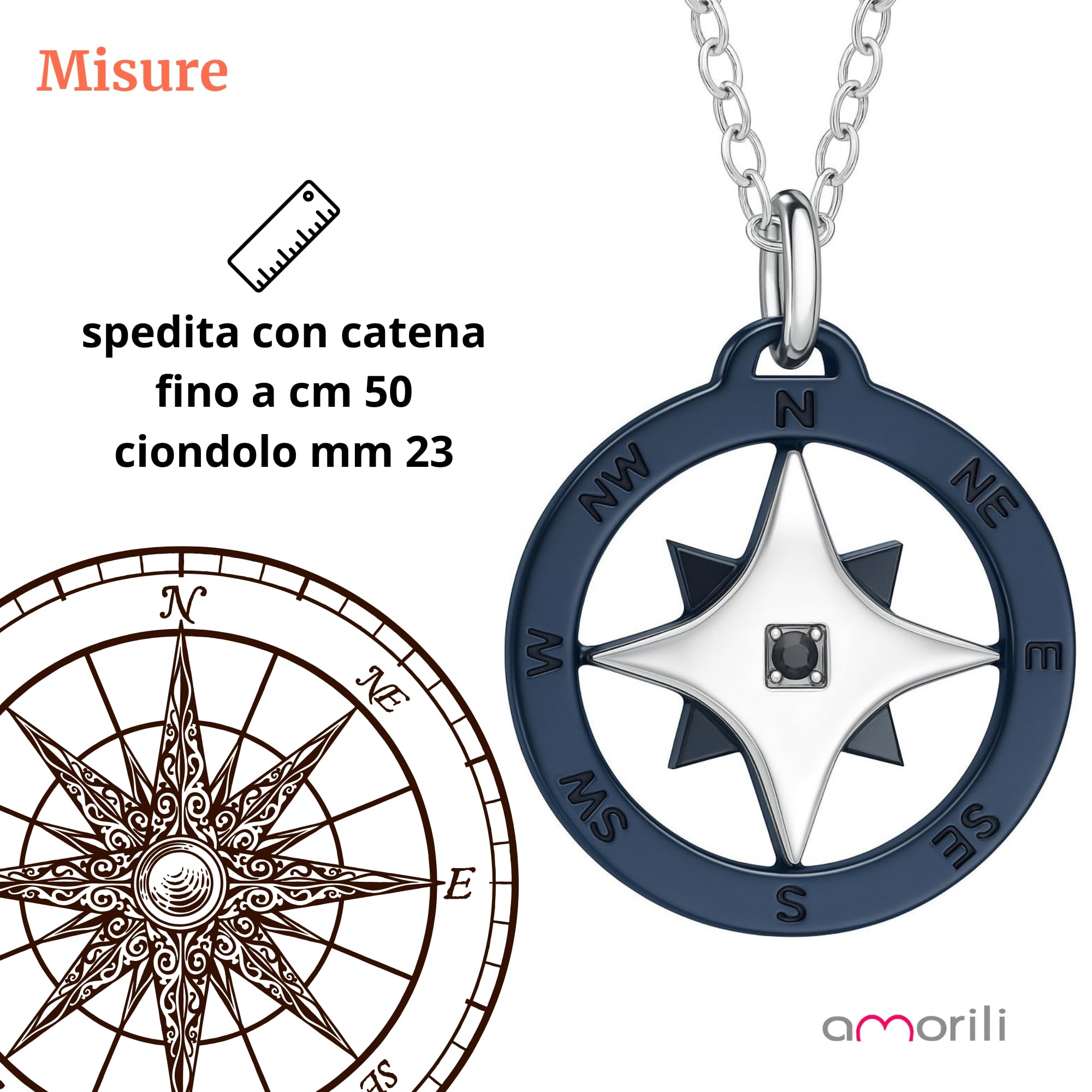 Collana Uomo Rosa dei Venti in Acciaio Inossidabile | Pendente Bussola Nautica | Catena Regolabile Fino a 50 cm | Gioiello Regalo Elegante Stile Marina Militare (y)