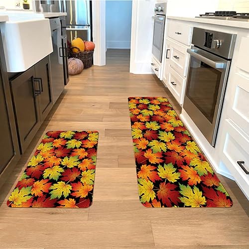 Miniatura 6 de Juego de 2 alfombras y tapetes de cocina de otoño, hojas de arce de otoño, juegos de cocina de vacaciones de temporada, lavables, antideslizantes,