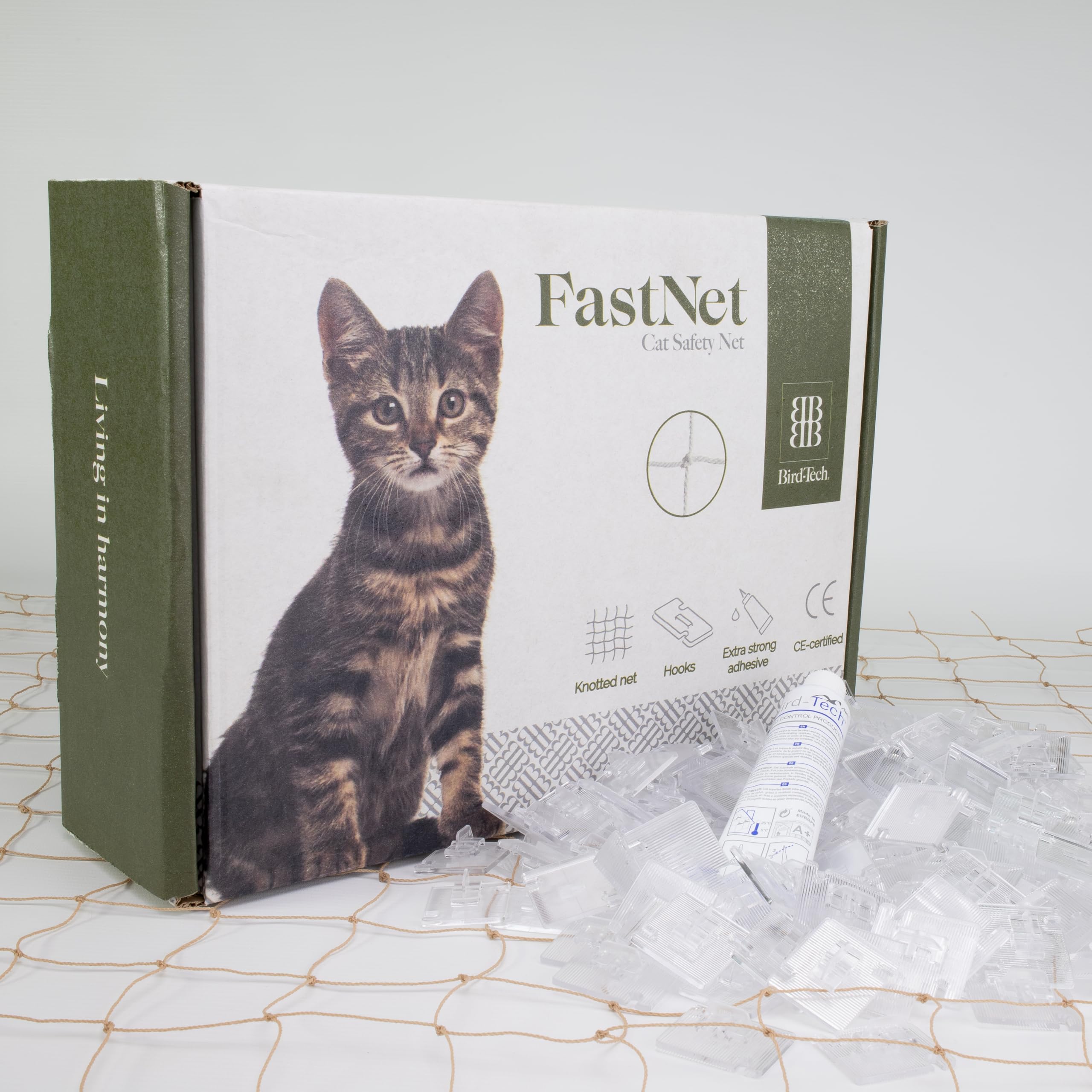Bird-Tech - Rete da Balcone per Gatti e Uccelli, Colore Pietra + 50 Ganci + 1 Tubo di Silicone da 80 ml