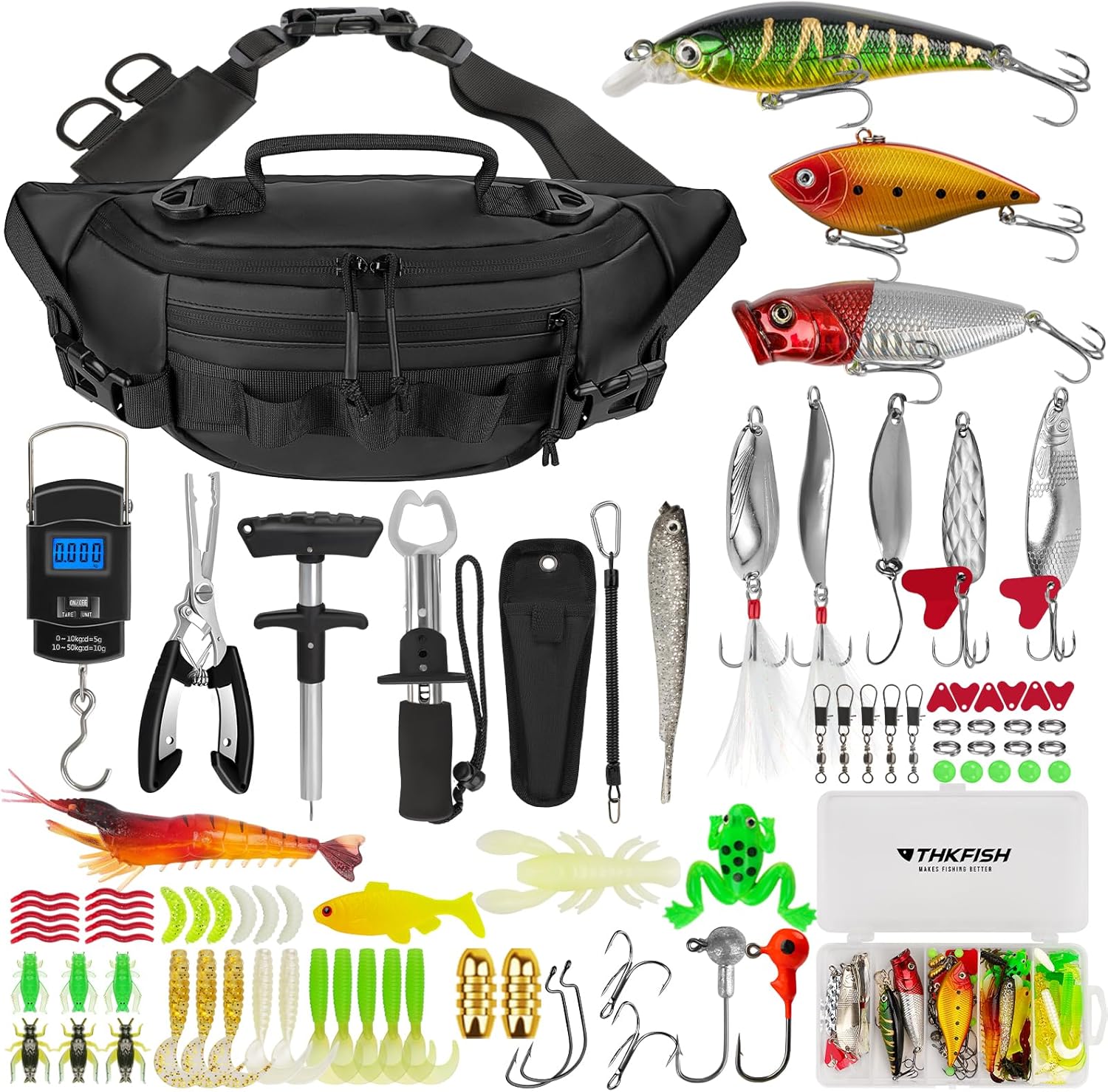 THKFISH Fishing Waist Pack Bag with Tackle Box, Small Fishing Sling Fanny Pack with Lure Kit, Fish Pliers Kit, Lip Gripper, Weigh Scale
