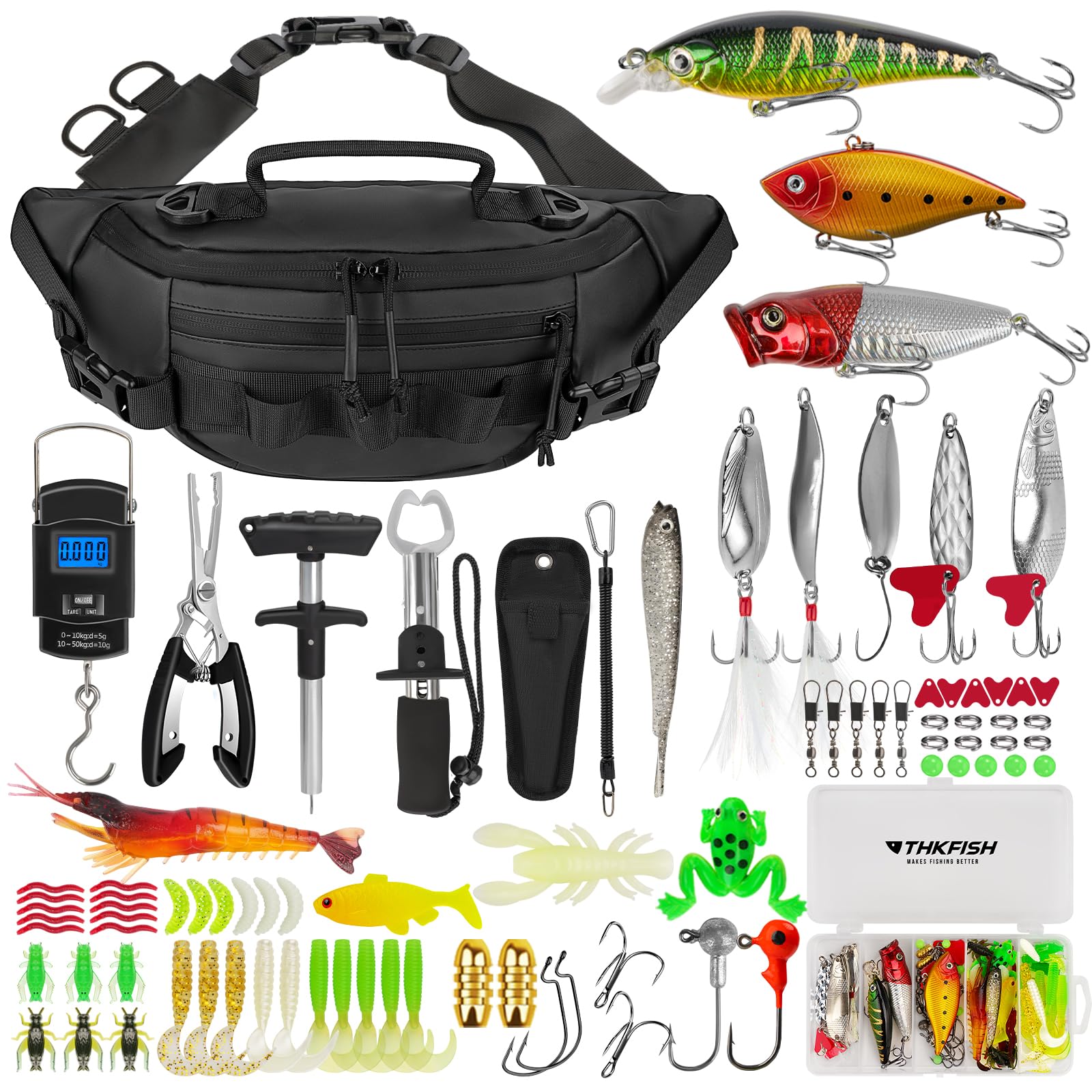 THKFISH Kit di attrezzi da pesca con marsupio, pinze, esche, bilancia digitale, 85 pezzi
