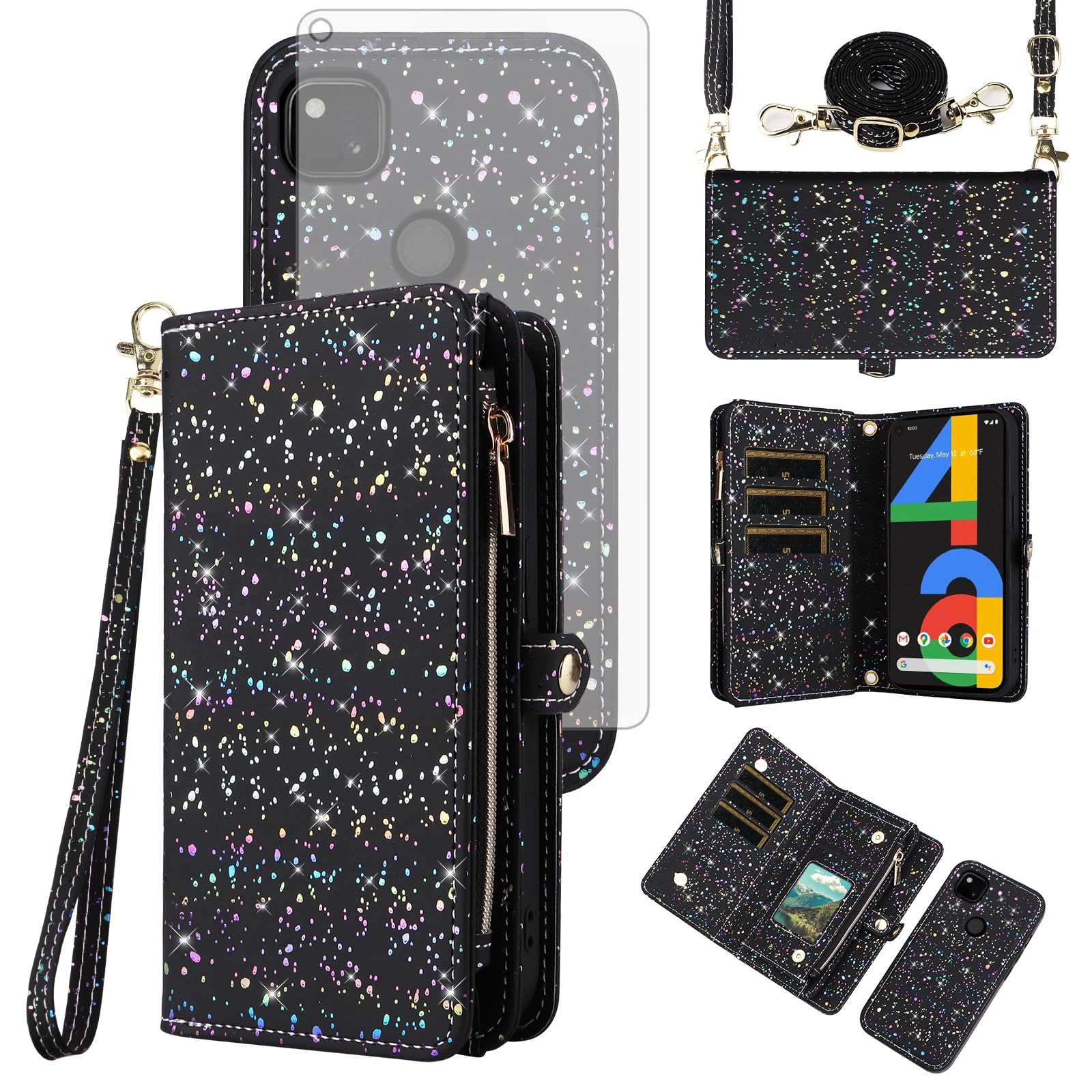 Asuwish Handyhülle für Google Pixel 4a 4G Hülle mit Band Folie Schutzfolie Kartenfach Klappbar Glitzer Leder Blumen Geldbörse Ständer Pixel4a a4 Handy Hüllen Schutzhülle Schutzglas Phone Case Schwarz