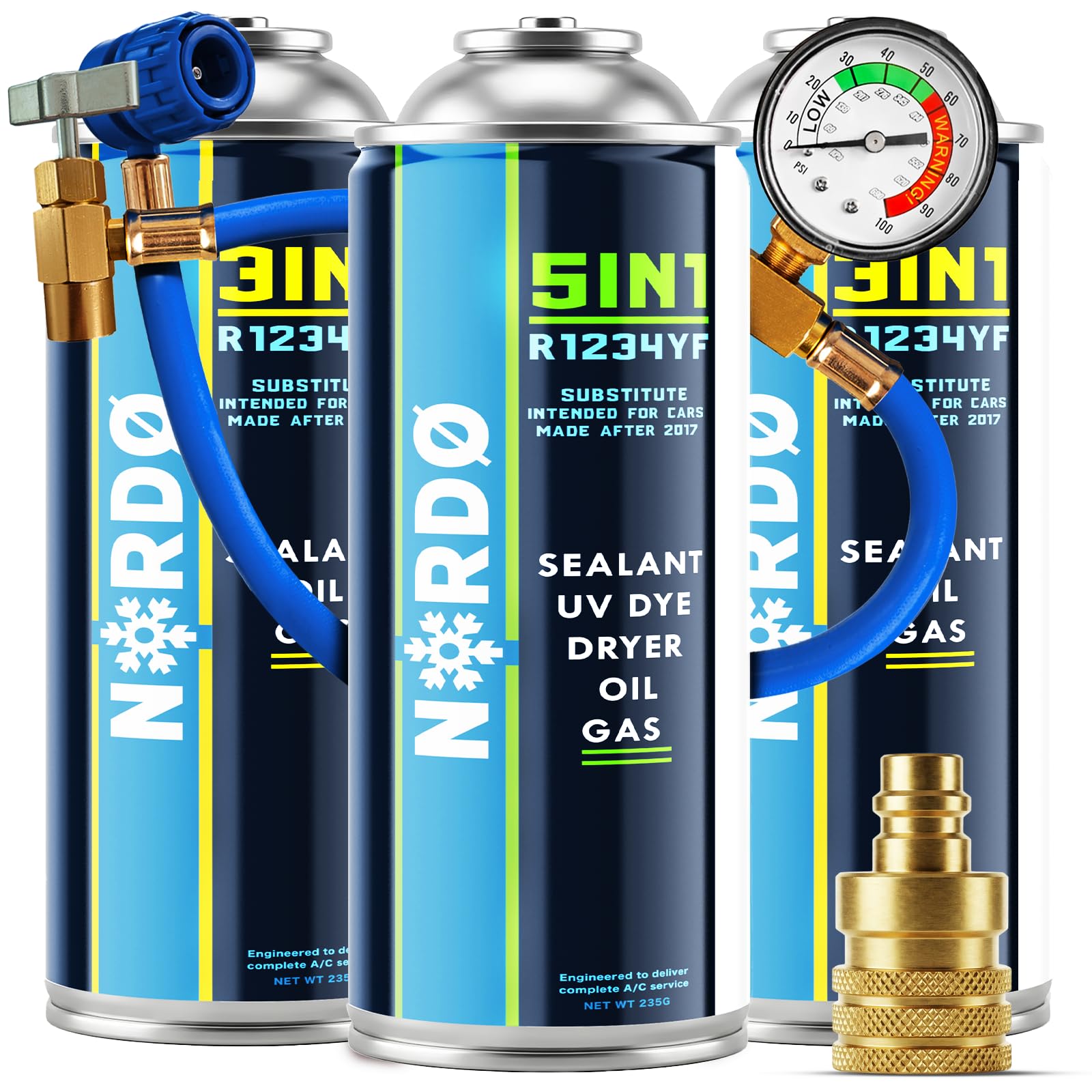 Nordo - Kit climatizzatore R1234yf – 1x 3in1 + 2x refrigerante 5in1 in bombole con olio, sigillante, colorante UV e disidratante – con tubo e adattatore YF