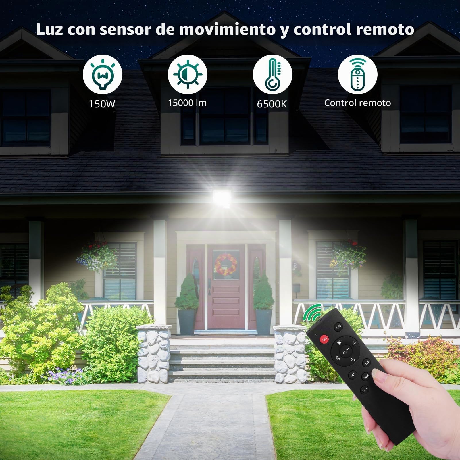 Viugreum 2 Packs 150W Foco LED con Sensor de Movimiento, 15000LM Blanco Frío 6500K, Spotlight Exterior IP65 para Patio, Garaje, Jardín