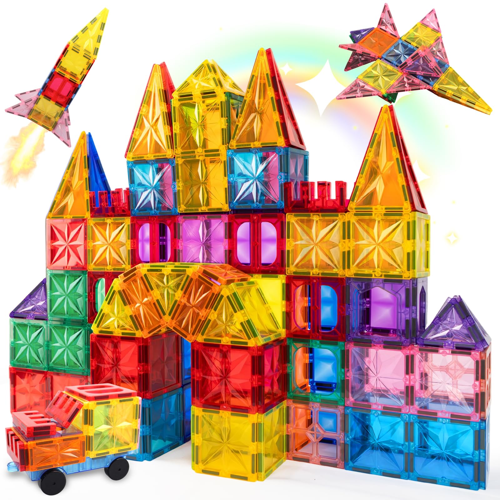 Bloques Magnéticos Construcción Niños 100 Piezas, Piezas Magnéticas Niños para Construir Castillos y Coches, Juguetes Educativos Creativos con Magnetic Blocks