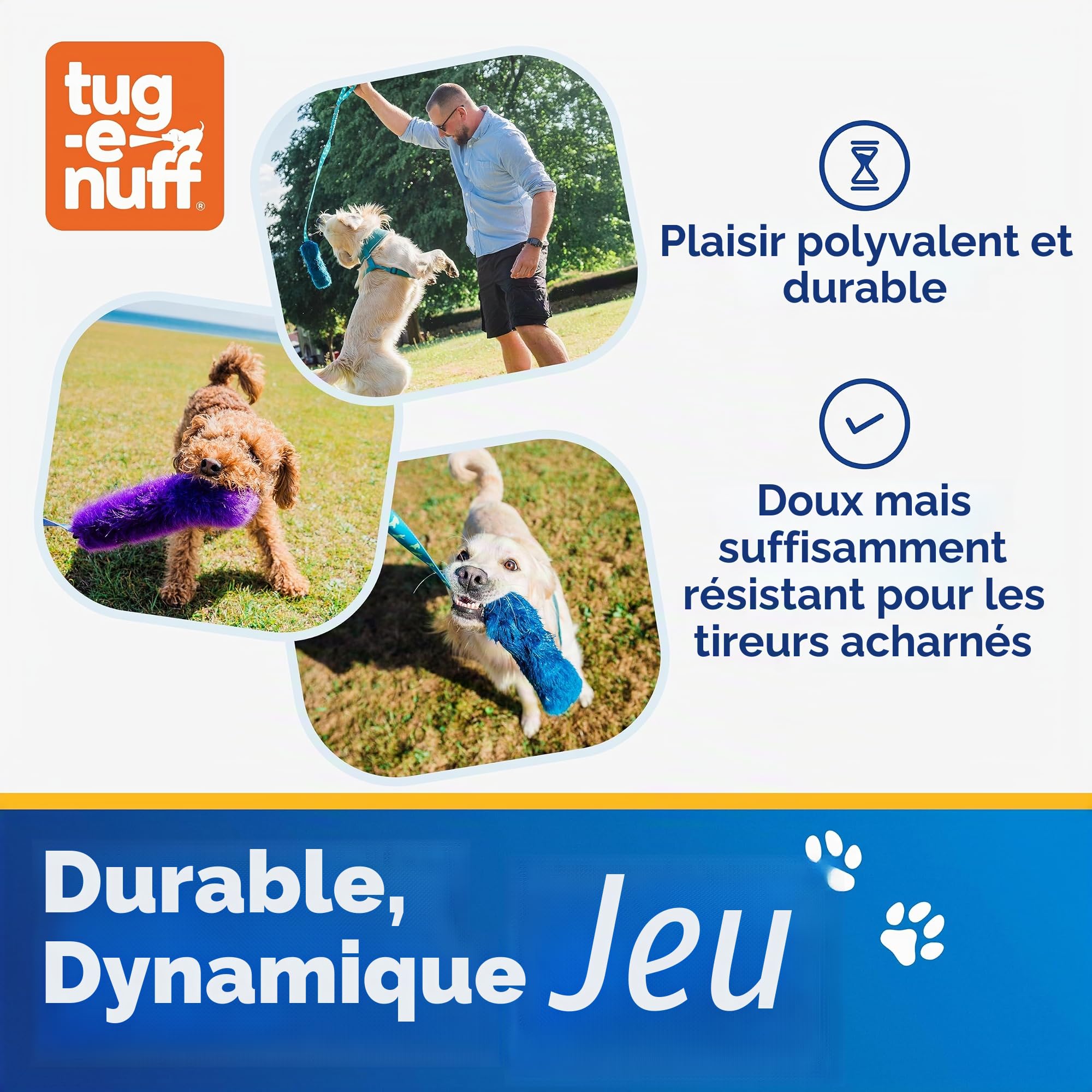 Tug-E-Nuff Jouet couineur en fausse fourrure pour chien Orange et bleu 118 cm | Jouet à tirer robuste pour chiot, petites, moyennes et grandes races, jouets de chasse interactifs pour chiens