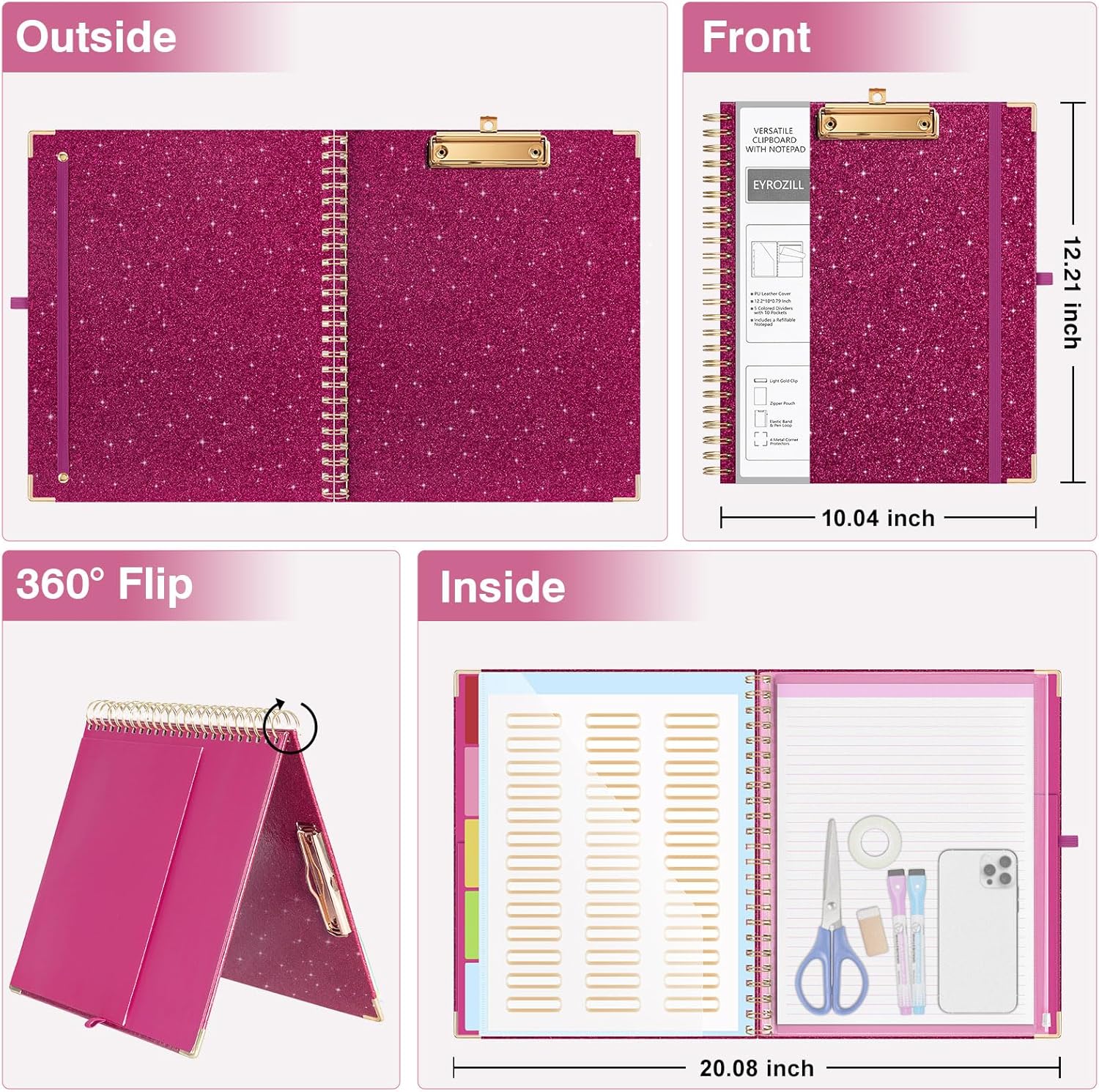 EYROZILL Clipboard Folio with Storage Pocket Organizer Folder Refillable Lined Notepad Spiral Clipboards, Rose red - Image 6