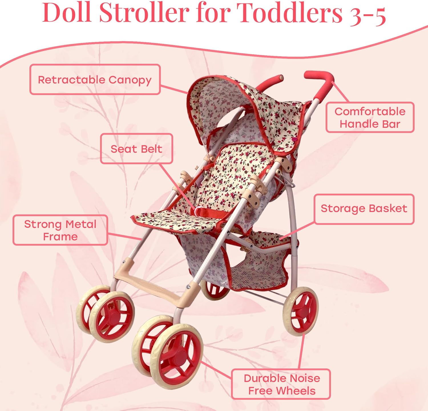 Baby Doll Stroller for Toddler Girls & Big Kids up to 8 Years Old | 28” Baby Stroller for Dolls, Toy Baby Stroller with Cute Coral Floral Print, Mesh Storage Basket, Canopy, Handle Grips, Rubber Tires
