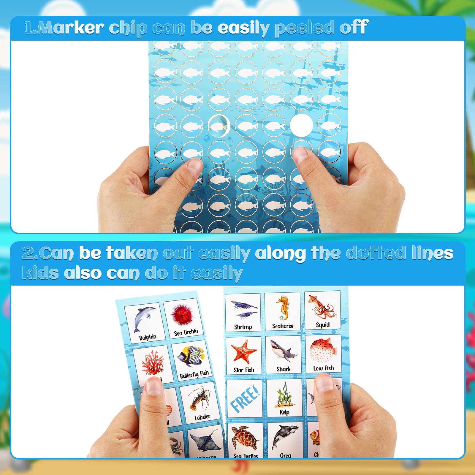 Juego de bingo oceánico para 28 jugadores para niños bajo el mar criatura jugando cartas divertidas educativas para grupos de memoria para la escuela, aula, actividades familiares, suministros 4