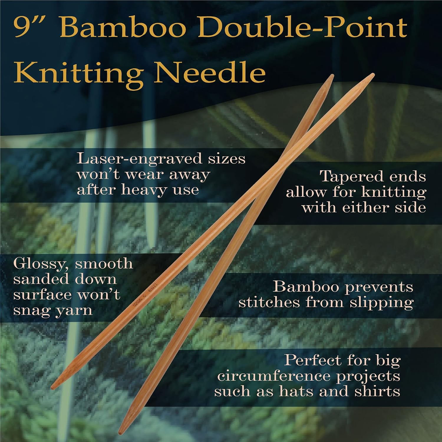 JubileeYarn 9" Double Point Bamboo Knitting Needles Set | 15 Sizes: 2mm(US0)-10mm(US15) | 5 Needles/Size | Carbonized Brown