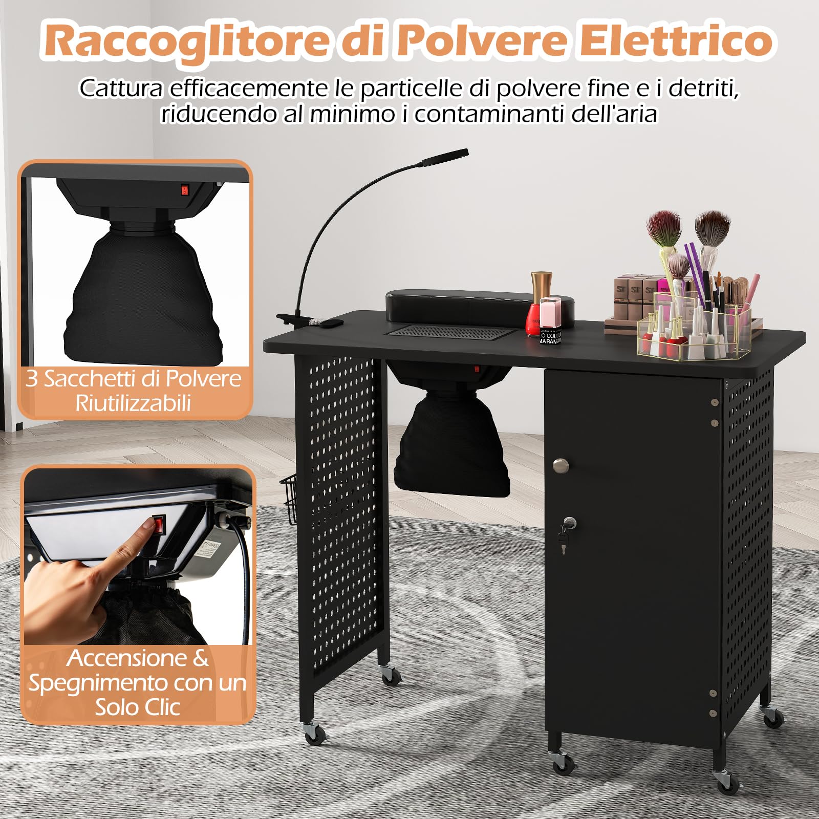 COSTWAY Tavolo Manicure con Aspiratore, Tavolo per Unghie con 6 Ruote Bloccabili, Sacchetti per Polvere, Armadio Chiudibile con 4 Vassoi, Poggiapolsi, Lampada LED e Cestino Metallico, 90x79x45cm