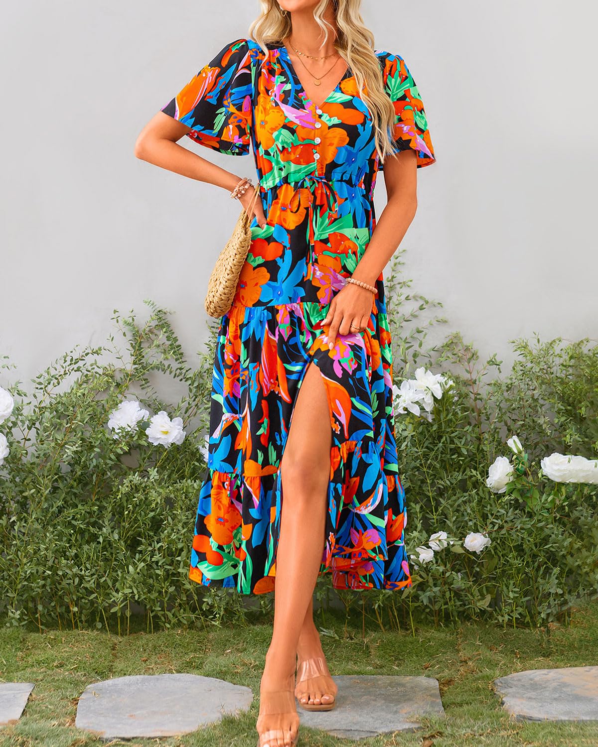 Zenlonr Vestidos de verano para mujer, estilo casual, de manga corta, cuello en V, con abertura, con botones, cordón, vestido largo para la playa