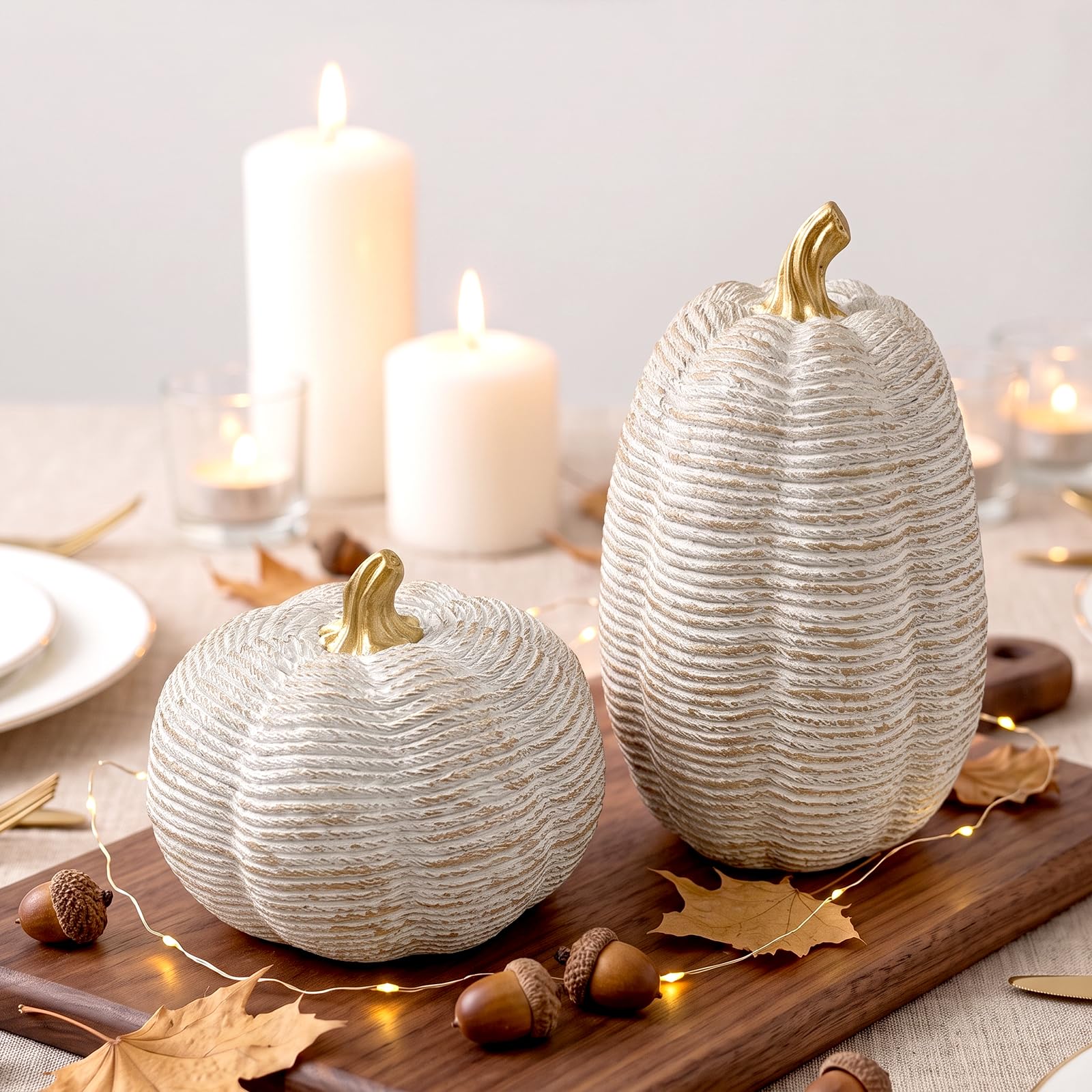TonJin White and Gold Pumpkins for Decorating Fall Table Centerpieces for Dining Room, 2 Pcs Artificial Resin Pumpkin Decor with Rope-Wrapped Texture for Autumn Thanksgiving Harvest Home Aesthetic