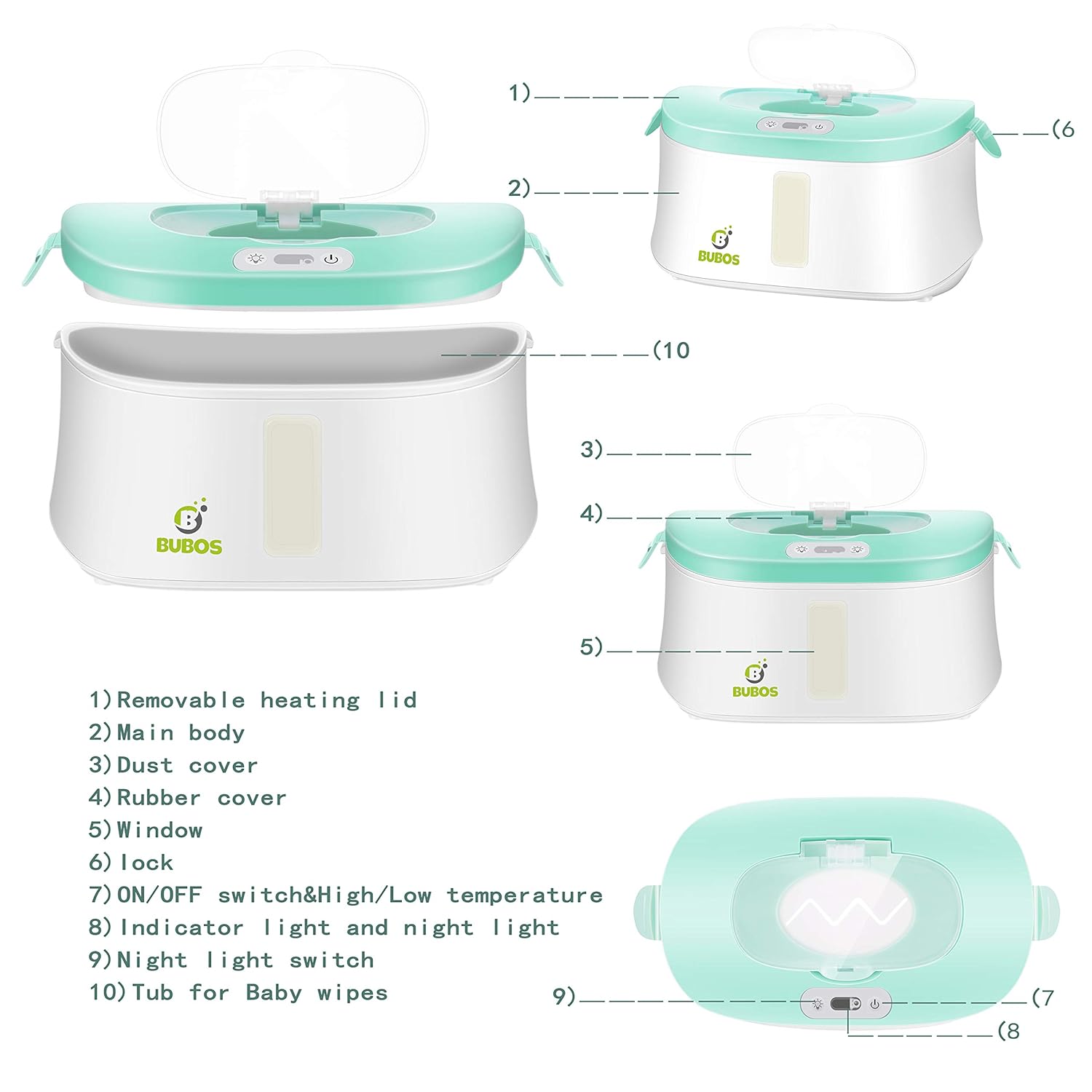 Exploded view and labeled diagram of the Bubos Baby Wipe Warmer components.