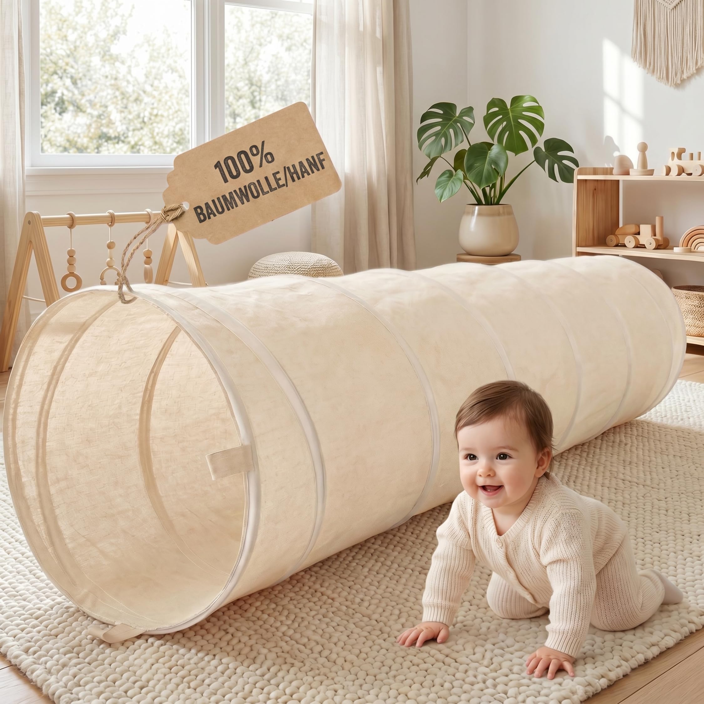 LIONHERZ® Spieltunnel für Kinder aus Baumwolle/Hanf mit Klettverschlüssen [180cm x 46cm] Krabbeltunnel für Baby | Faltbarer Pop-up Kriechtunnel | passend zu unserem runden Spielzelt (Cremeweiß)