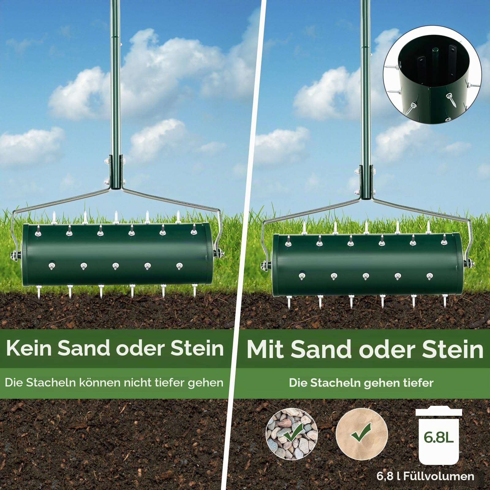FANTASK Rasenlüfter Walze, rollender Aerifizierer manuell mit Stiel & 3,4cm Nägeln, Gartenwalze, Vertikutierer Rasenwalze für Garten, Hof, Terrasse (53 x 130 cm,Grün)