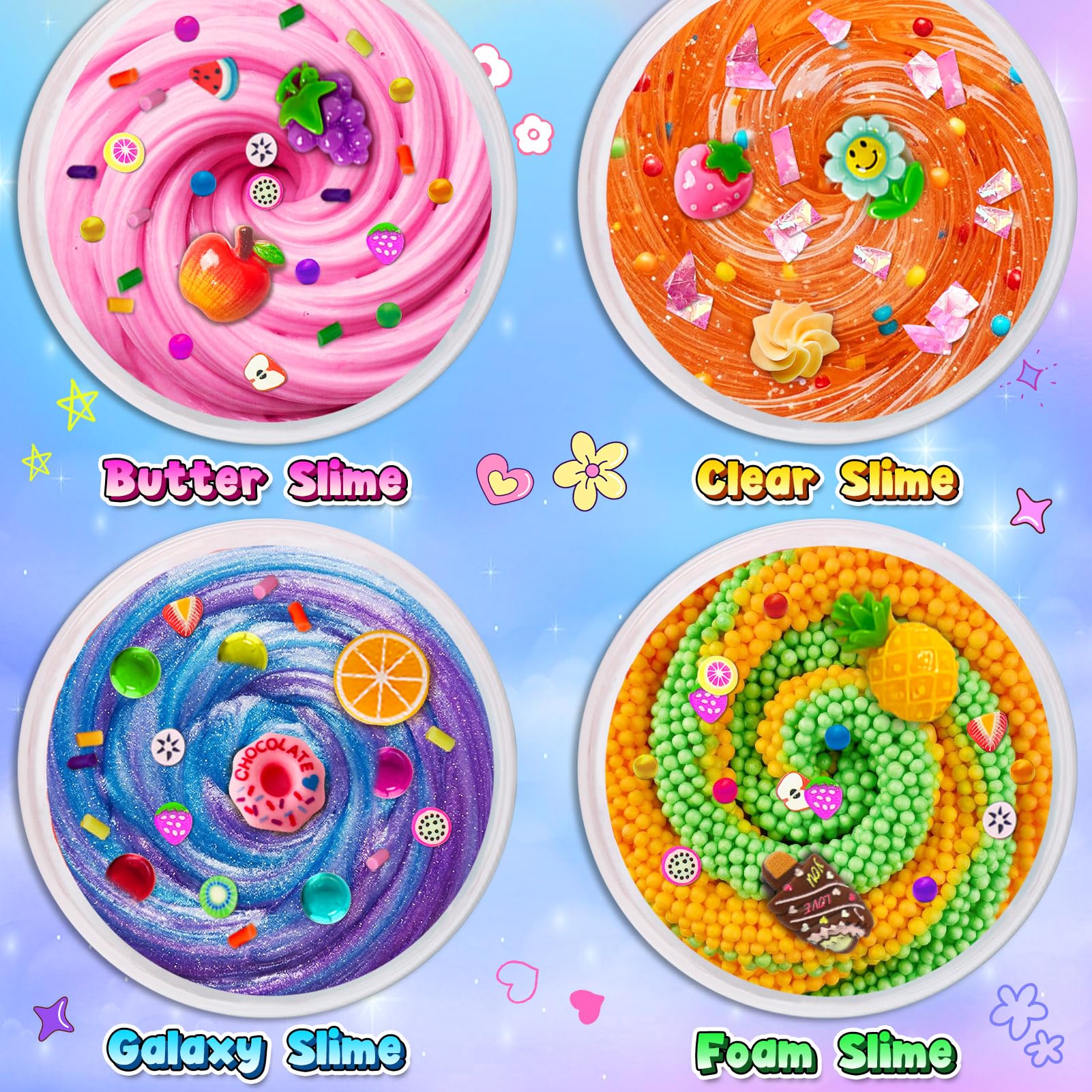 Kit de Slime 32 Pièces pour Filles et Garçons - Slime Prêt à l'emploi pour Enfants, Ensemble DIY pour Fêtes avec 4 Types de Slime Clear, Butter, Galaxy, Foam, Ajouts, Cadeaux pour Âges 3 à 12