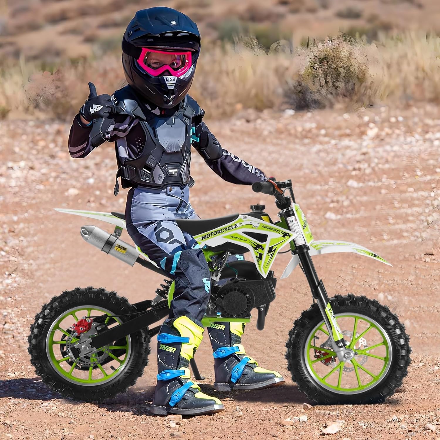 49cc 2-Stroke Kids Dirt Bike, Gas Powered Mini Bike, Off-Road Pocket Motorcycle with Front Rear Disc Brakes, Pull Start, 10 Inch Tires, Hydraulic Shocks, Up to 35 MPH Green