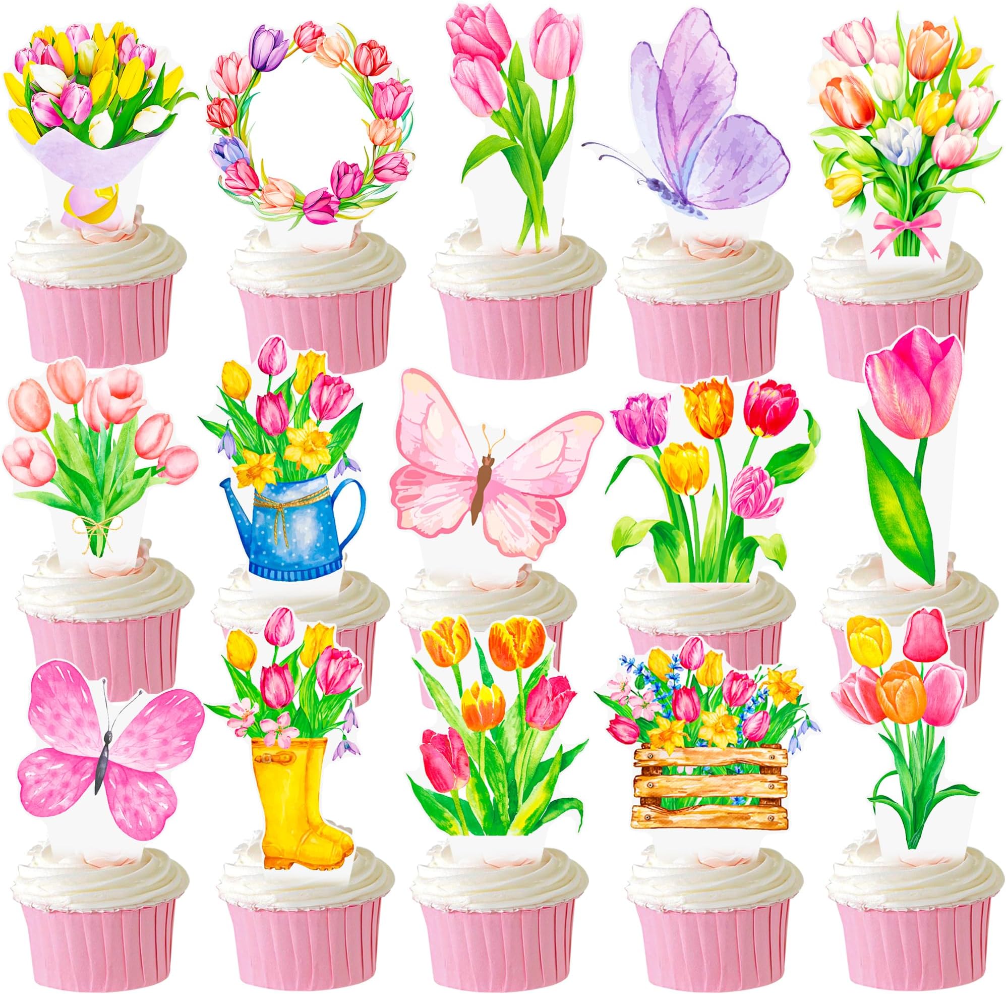 Tulips Cupcake Toppers 48Pcs Tulip Party Decorations Spring Flower Party Supplies Cupcake Picks for Spring Mother's Day Decorations