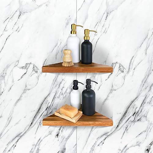 Miniatura 7 de ENKEZI Acacia - Estante esquinero de ducha de 2,3 niveles, estante esquinero triangular de madera para pared de azulejos, estante de esquina de
