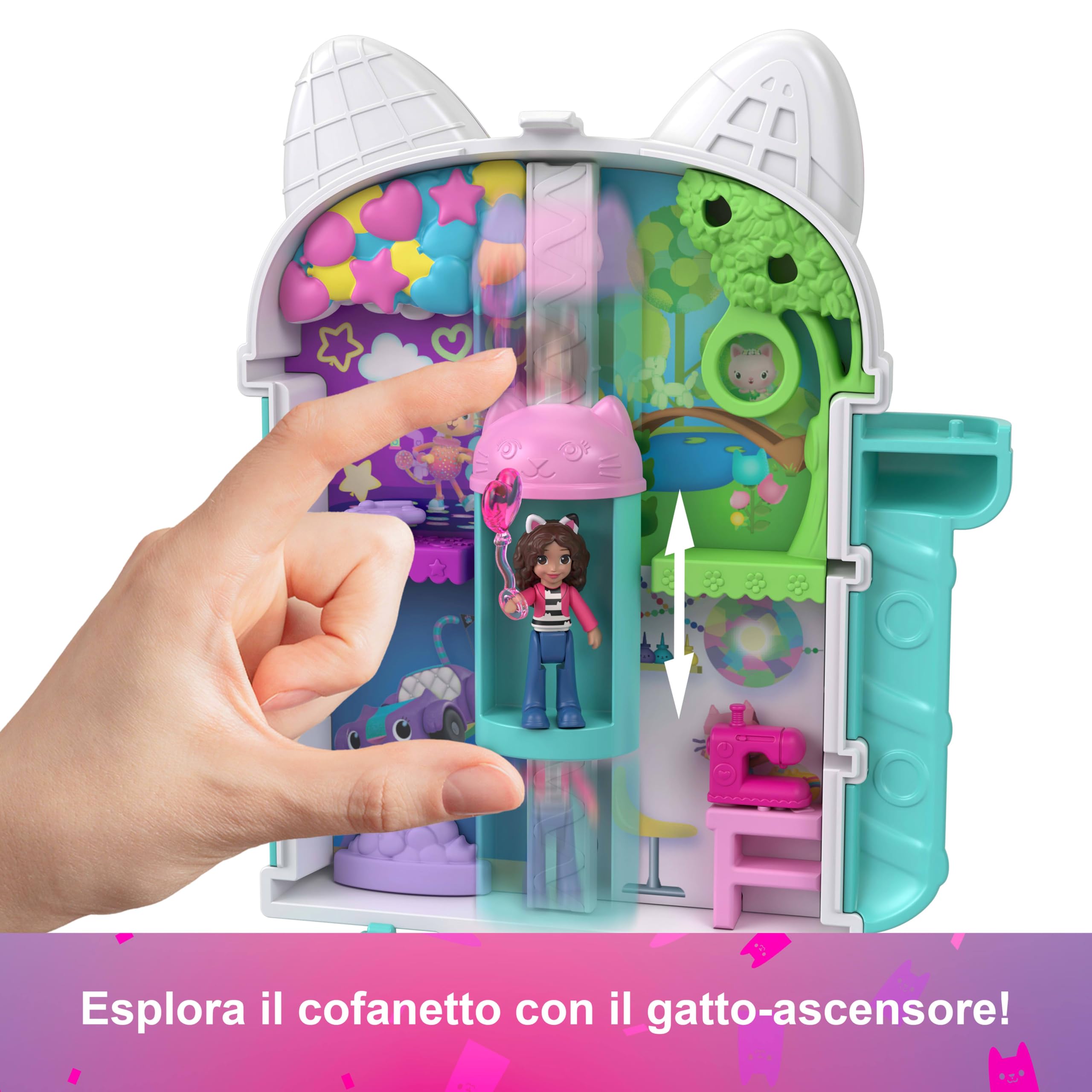 Polly Pocket - La Casa delle Bambole di Gabby, cofanetto con mini Gabby e 9 accessori, include gli amici gattini Pandy Panda, Dolcetto e Siregatta, giocattolo per bambini, 4+ anni, JFV02