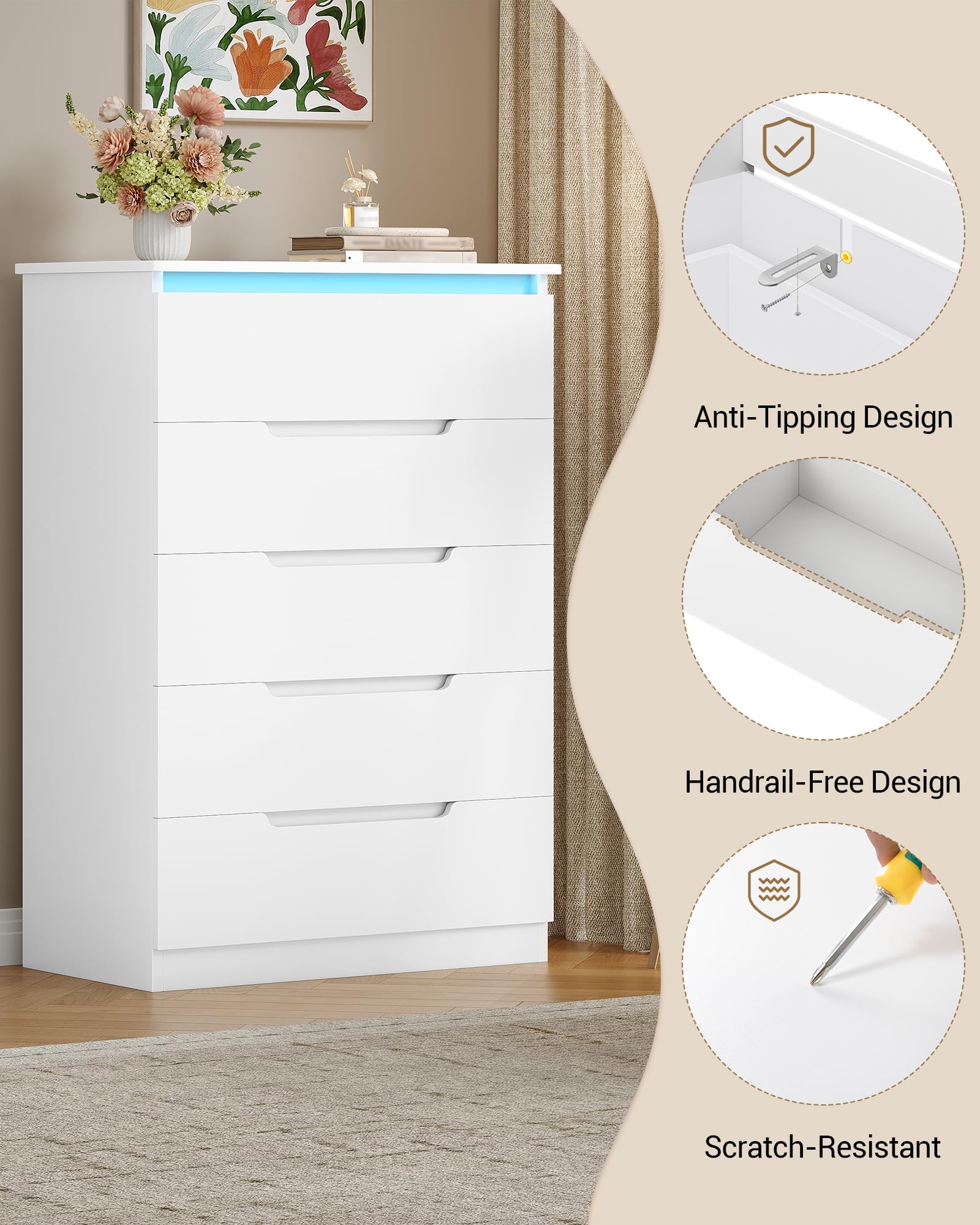 Hzuaneri Cómoda 5 Cajones, Cajonera Dormitorio, Armario Auxiliar con Tira de luz LED, Cómoda Dormitorio, Estilo Moderno, para Salón, Dormitorios, Pasillo, 40 x 60 x 103 cm, Blanco DC01503XEU
