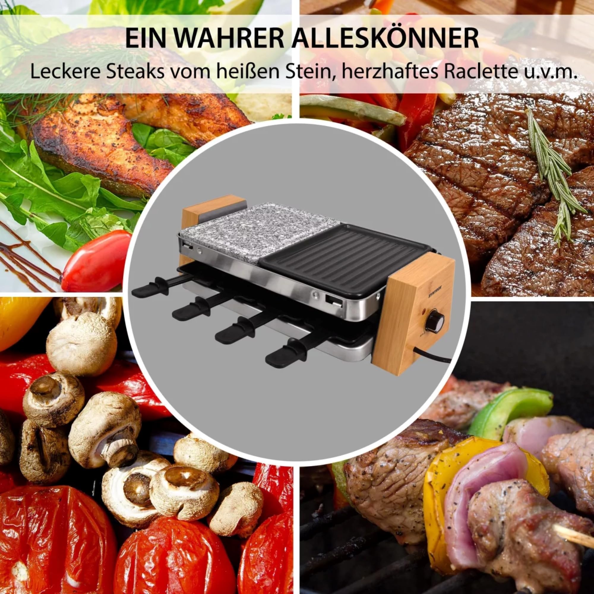 Syntrox Germany Raclette-Grill Set Lugaro, Tischgrill, 1500Watt für 8 Personen, Party-Raclette Set Lugano mit Wechselplatten, 10kg, Edelstahl, Multifunktional, Steaks, Fisch, gegrilltes Gemüse