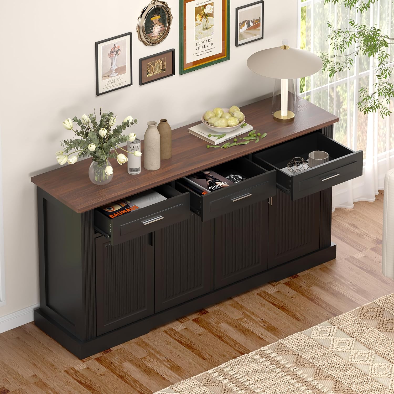 63" Fluted Sideboard Buffet Cabinet with Storage, Coffee Bar Station with 4-Doors and 3-Drawers, Kitchen Storage Console Table for Living Room Dining Room Entryway,Black