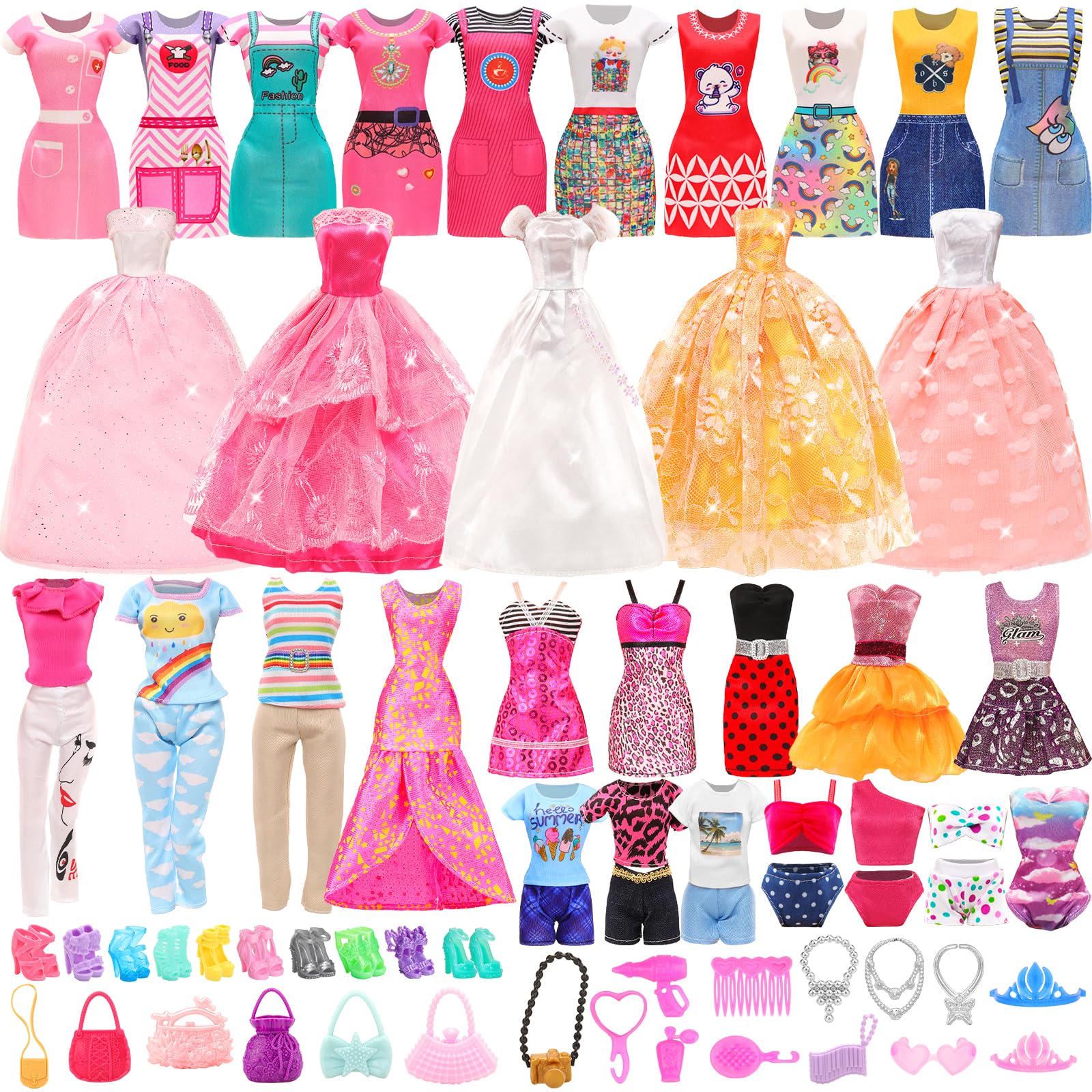 58 Piezas para Muñecas De 11,5 Pulgadas Y 30 Centímetros: 2 Vestidos De Novia + 2 Ropas + 2 Pantalones + 2 Trajes de baño + 12 Vestidos De Moda + 10 PCS (20) Zapatos + 18 Accesorios