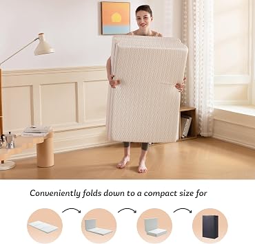 MLILY Foldable Mattress, 3 Inch Twin Tri Fold Memory Foam Mattress Topper, Floor Bed with Washable Cover for Camping, RV Travel and Guest Sleeping Mat, 75383, White