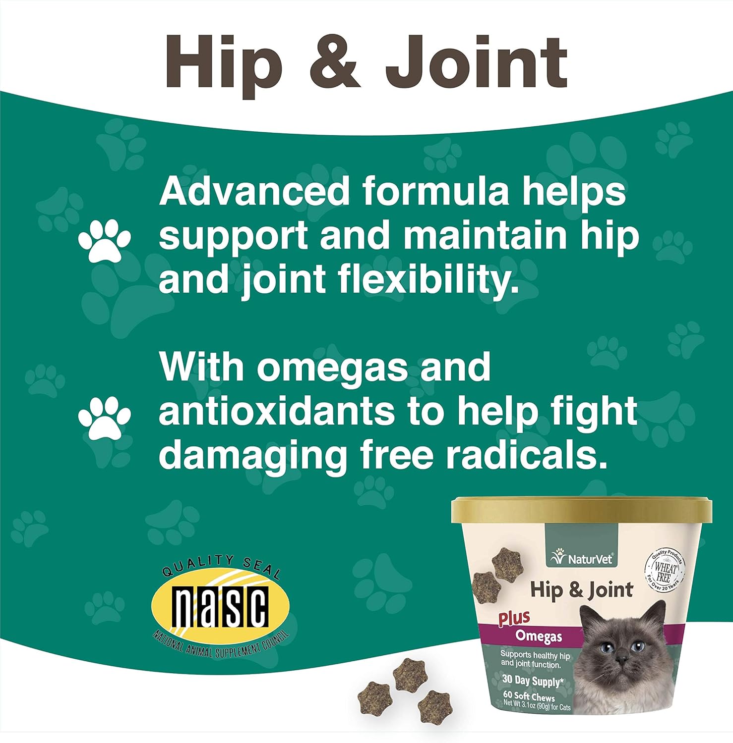 NaturVet – Hip & Joint for Cats Plus Omegas – 60 Soft Chews – Help Supports Healthy Hip & Joint Function – Enhanced with Antioxidants, Omega-3 & 6 Fatty Acids – 30 Day Supply : Pet Supplies
