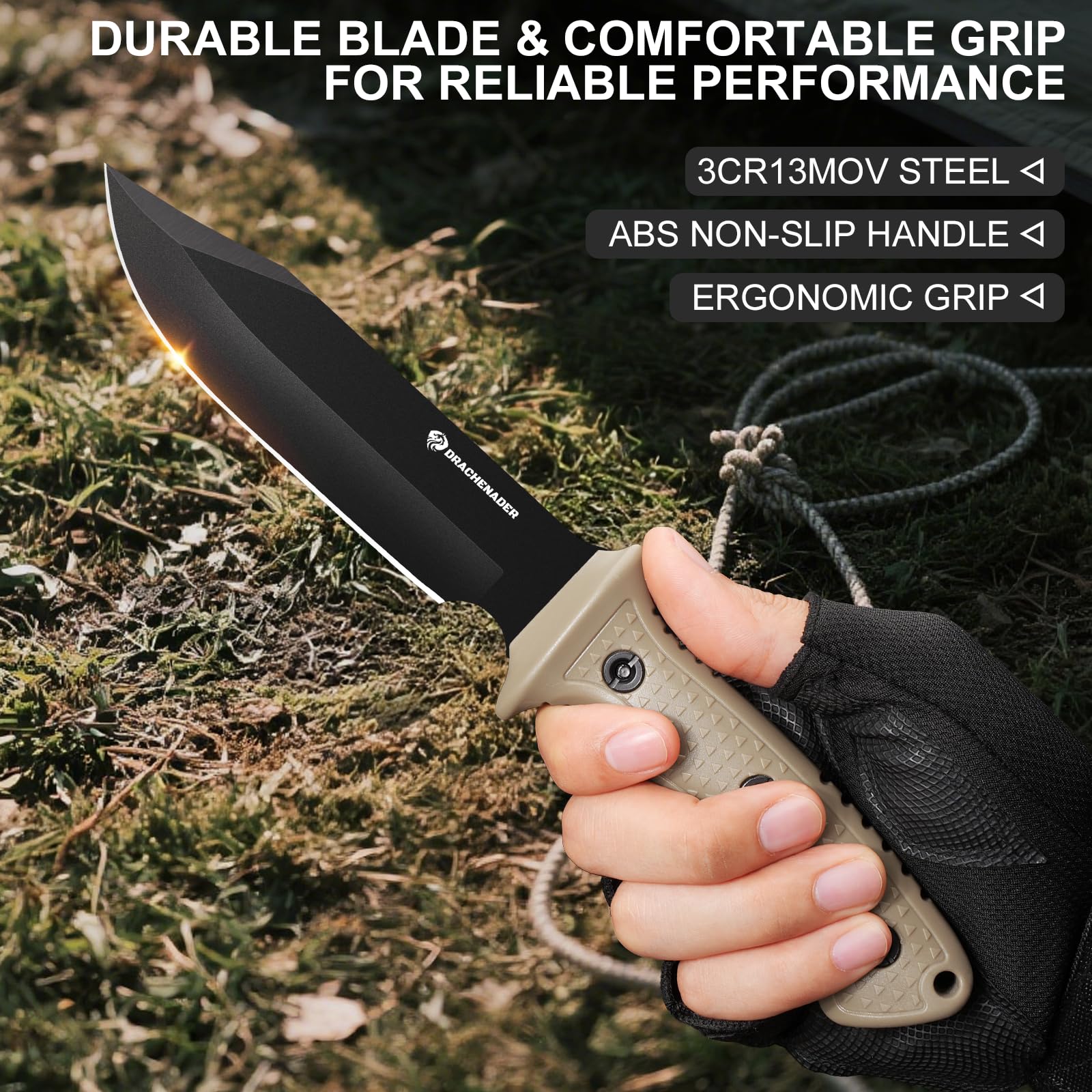 DRACHENADER Gürtelmesser WS-JT-KQ, Feststehendes Messer aus 5Cr13MoV Stahl mit 14,9 cm Klinge, Jagdmesser mit ABS-Griff, Outdoor Messer für Camping, Survival, Schwarze Klinge- Kraki Griff