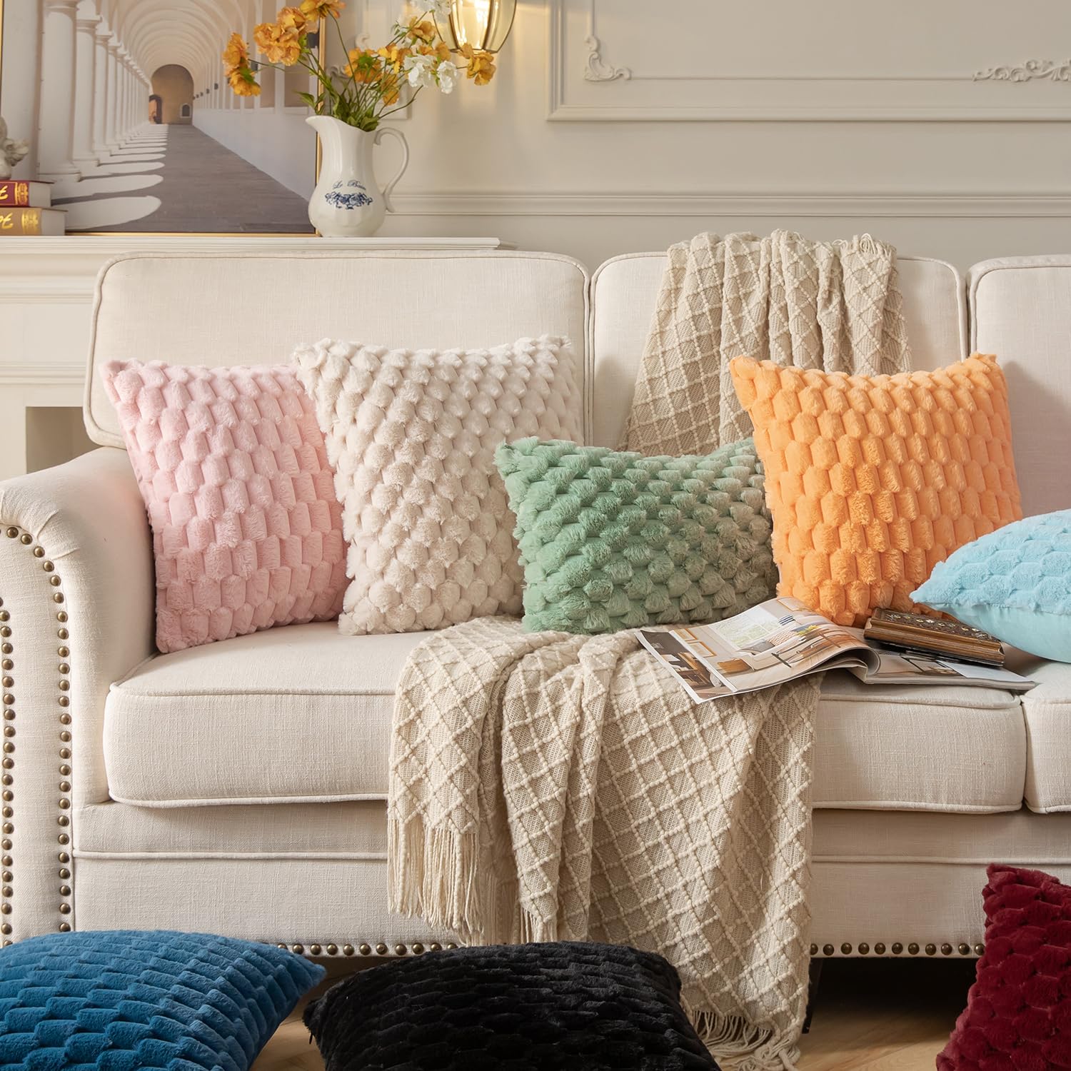 Mandioo 2er Set Beige superweichen dekorative Plüsch Kissenbezug Kissenbezüge 45 x 45 cm Wollsamt Dekokissenbezüge Kissenhülle Sofakissen Dekokissen flauschig für Couch Sofa Bett Wohnzimmer