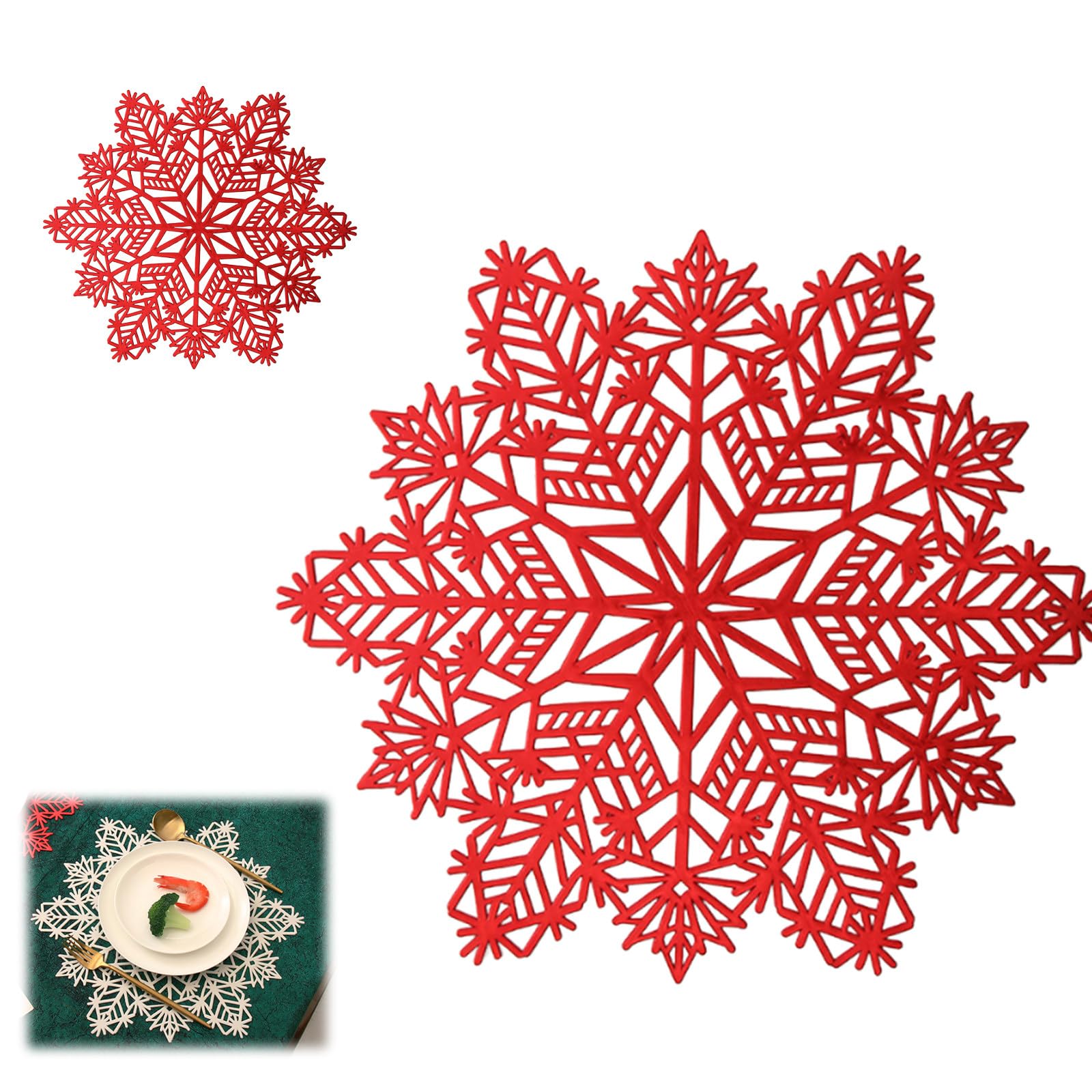 12 PCS Christmas Snowflake Placemats Sets, Place Mats for Table Coaster Mat Festival Table Decorations for Christmas, Wedding, Dinner Parties, Restaurant, Hotel (Red,15in+3.9in)