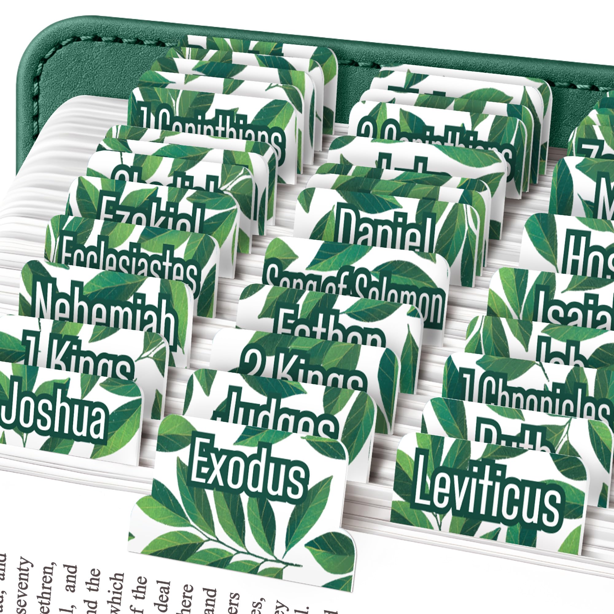 EssexWares – Deep Green Leaves Bible Tabs for Old and New Testament, 80 Large Print Tabs for Bible Study, Water-Resistant and Durable Bible Index Tabs for Women and Men - 1.7" Wide