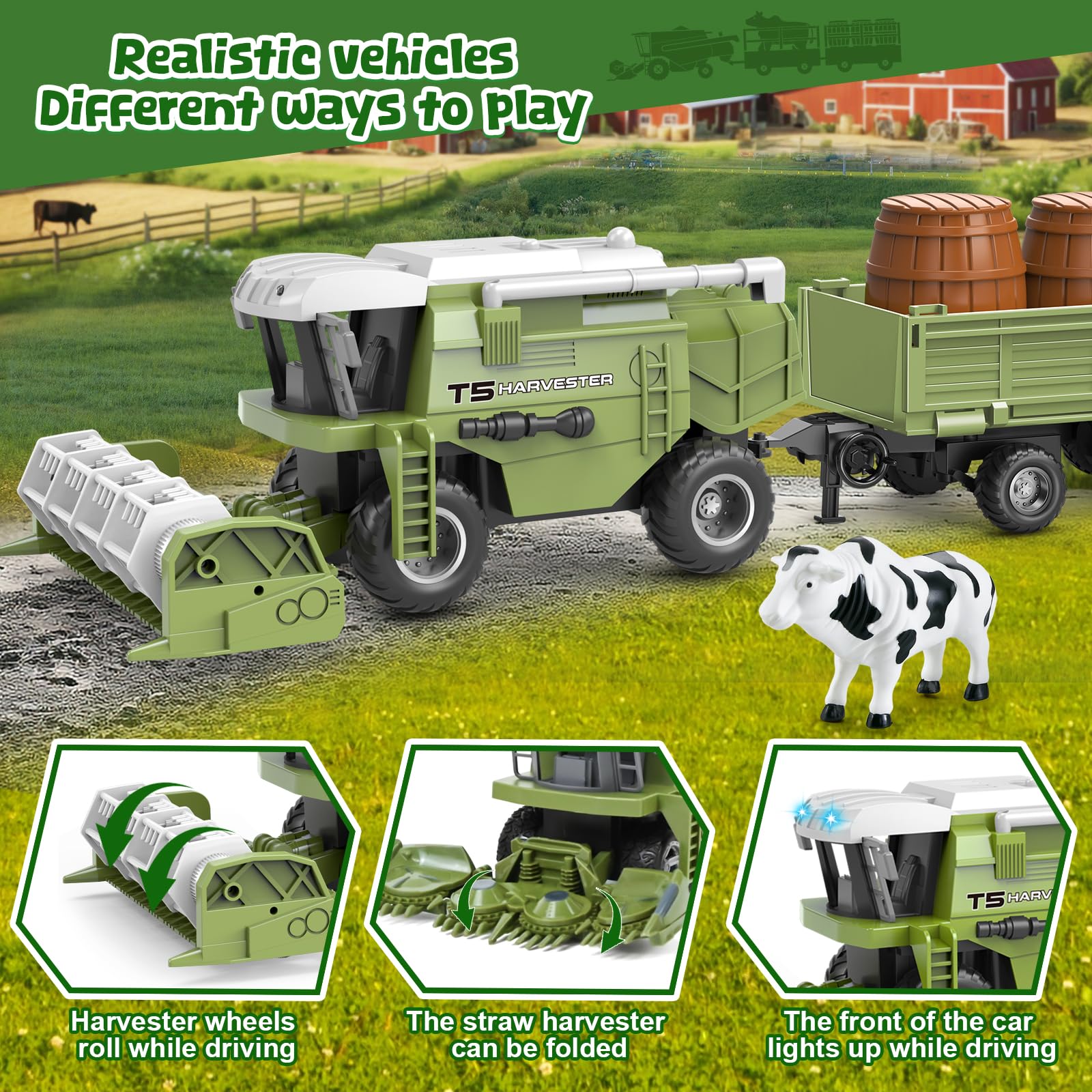 Joellfuner Cosechadora Teledirigida, Tractor Teledirigido para Niños, Tractor de Cosecha 2,4 GHz, Tractors de Cosechadora de Granja RC con Remolques y Vaca, Granja Juguete Regalo para Niños de 4+ años