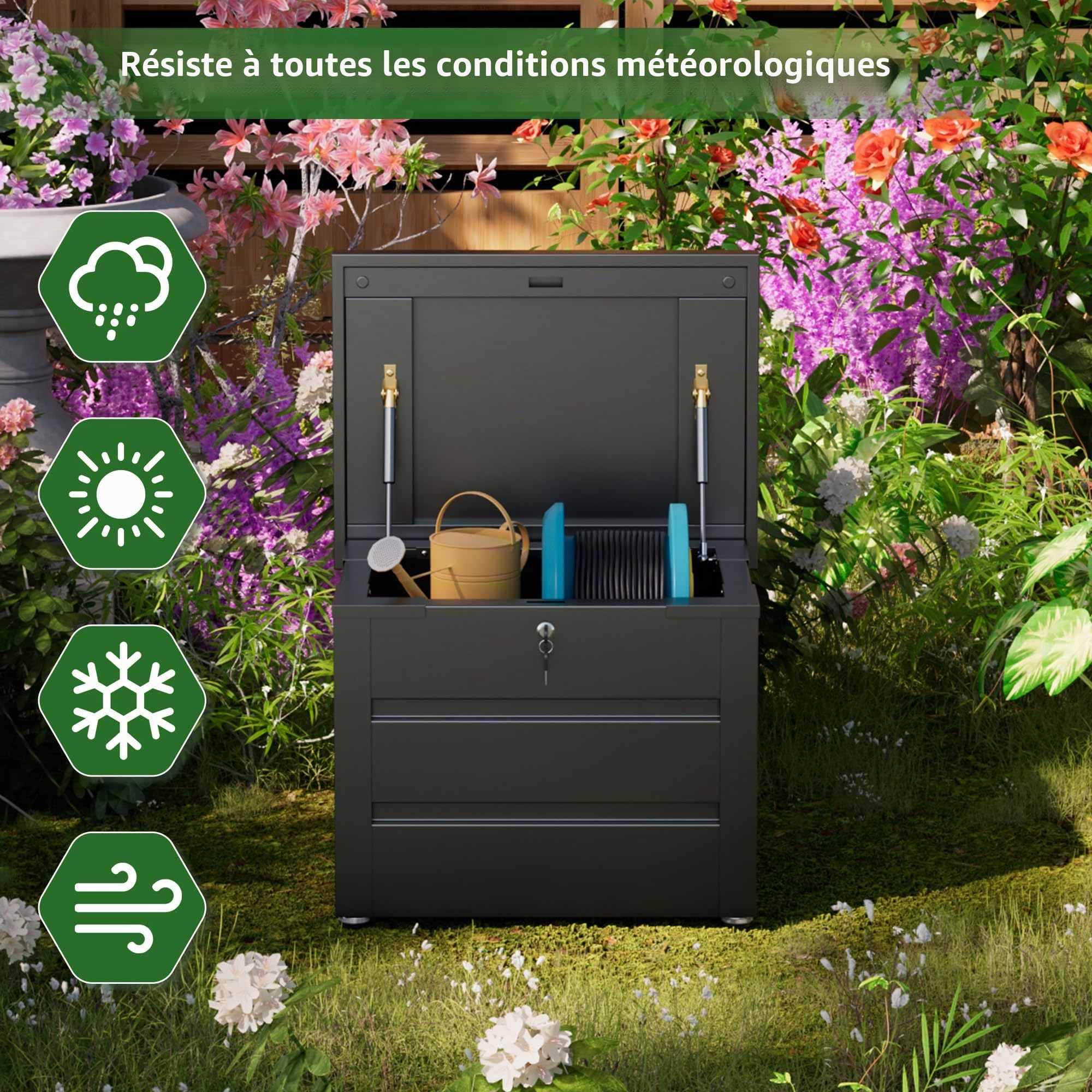 Coffre de jardin en métal noir 210 l - Coffre à coussins d'extérieur pour le jardin avec revêtement résistant à la rouille - Boîte de rangement d'extérieur étanche pour coussins - 70 x 52 x