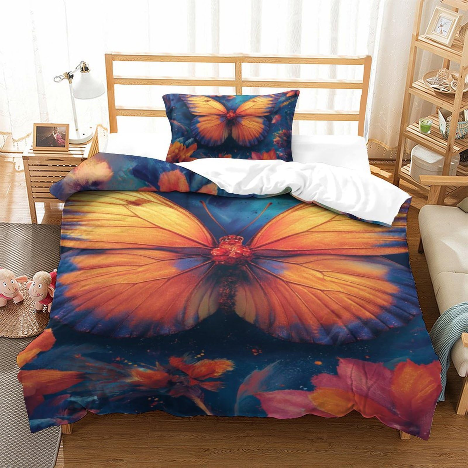 Housse de couette papillon 3D 135x200cm en microfibres pour lit enfant single avec taie d'oreiller
