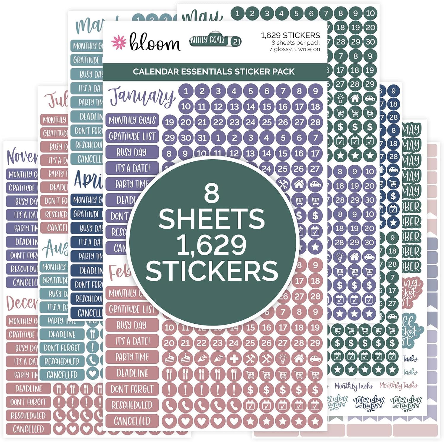 bloom daily planners Calendar Essentials Planner Stickers - Color Coordinating Monthly Headings, Dates, Icons, Etc. - 8 Sheets, 1629 Stickers Per Pack!