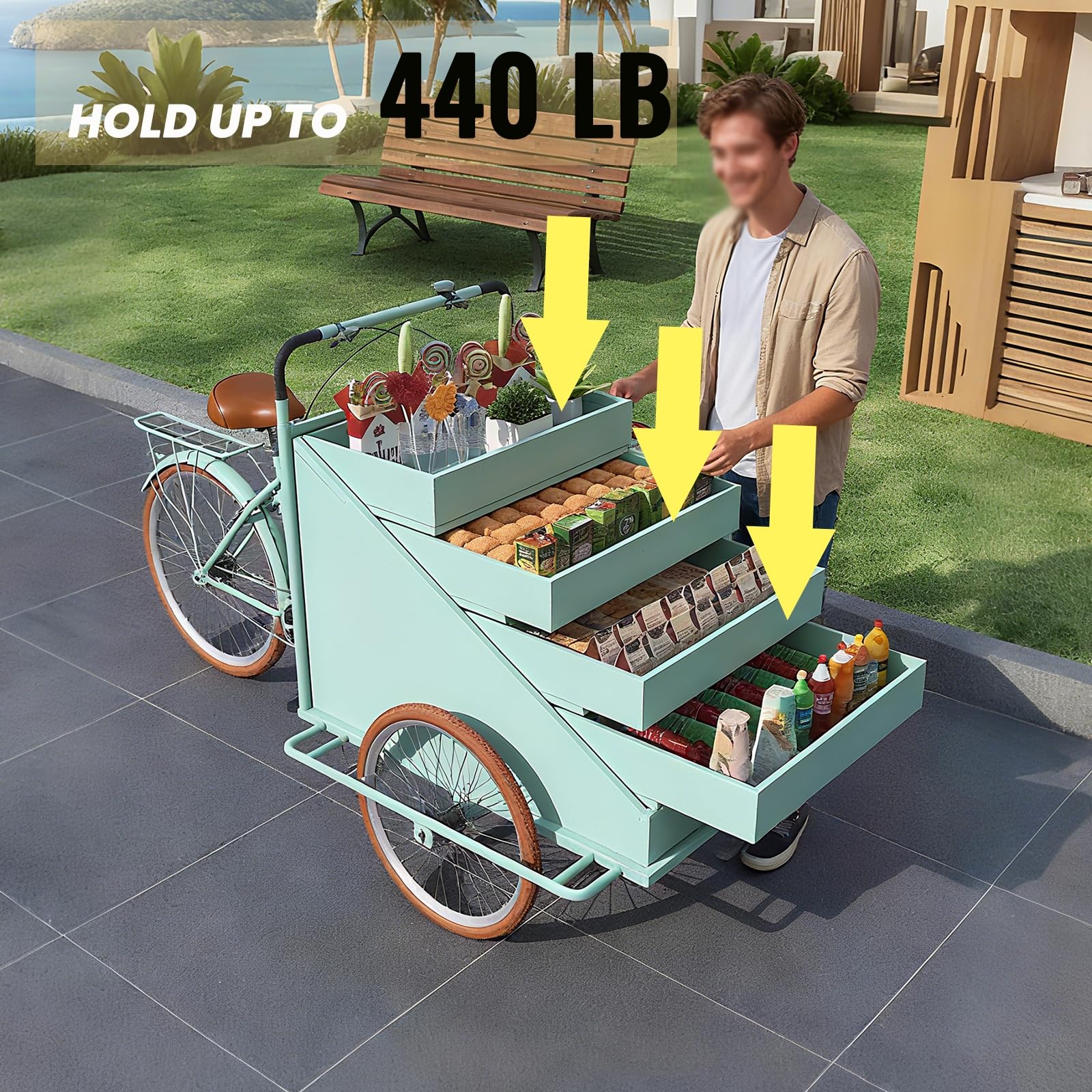 Camión de Comida móvil con Triciclo para Exteriores, Carrito de Venta de Comida al Aire Libre, Triciclo expendedor con cajones retráctiles y sombrillas, para Venta Ambulante y Camping.,C