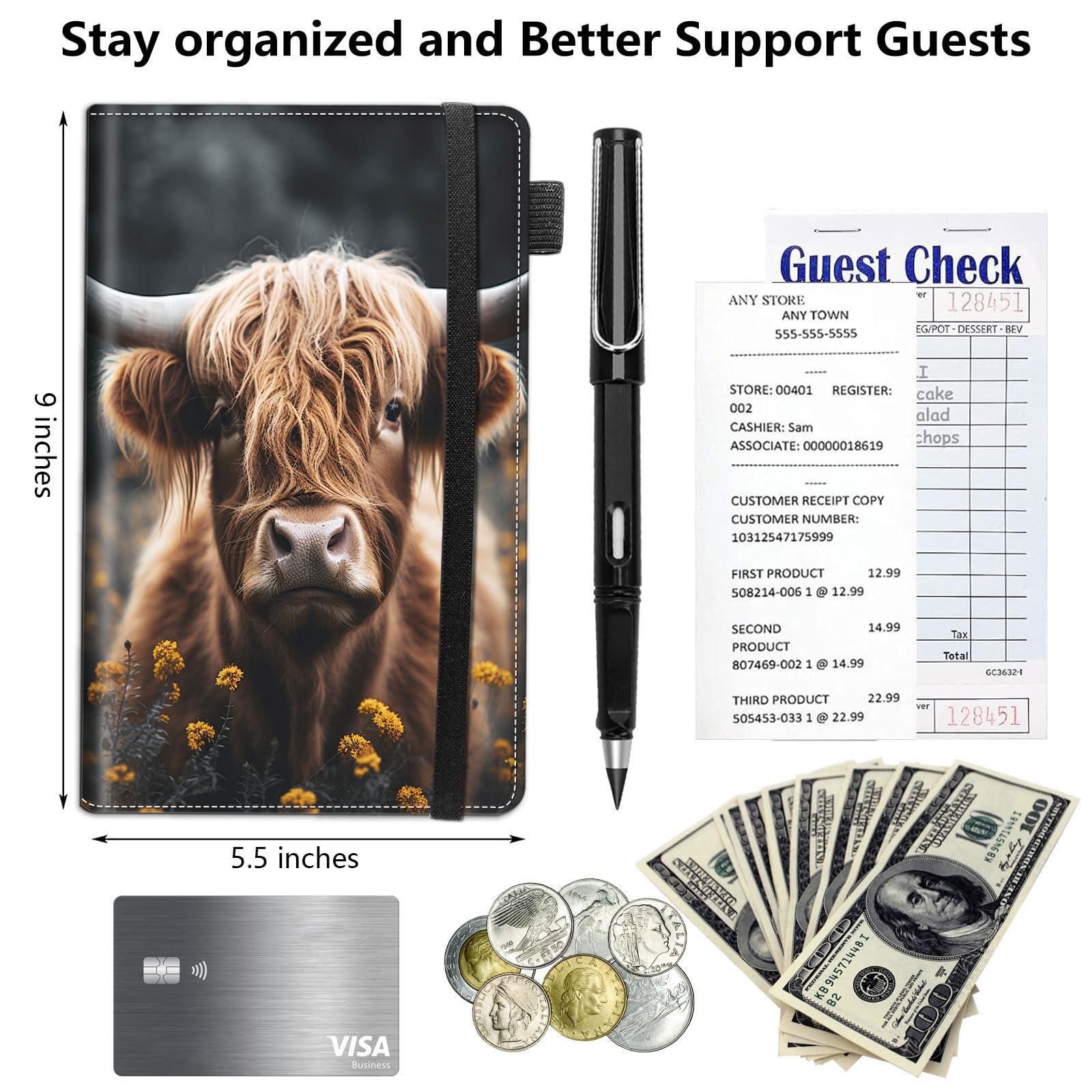 Server Book,Waitress Book,Waiter Book Server Organizer with Zipper Pocket,Leather Waitress & Waitstaff Book Wallet with Card Slot Guest Check Holder 9 x 5 Inch Server Book,Highland Cow Cattle