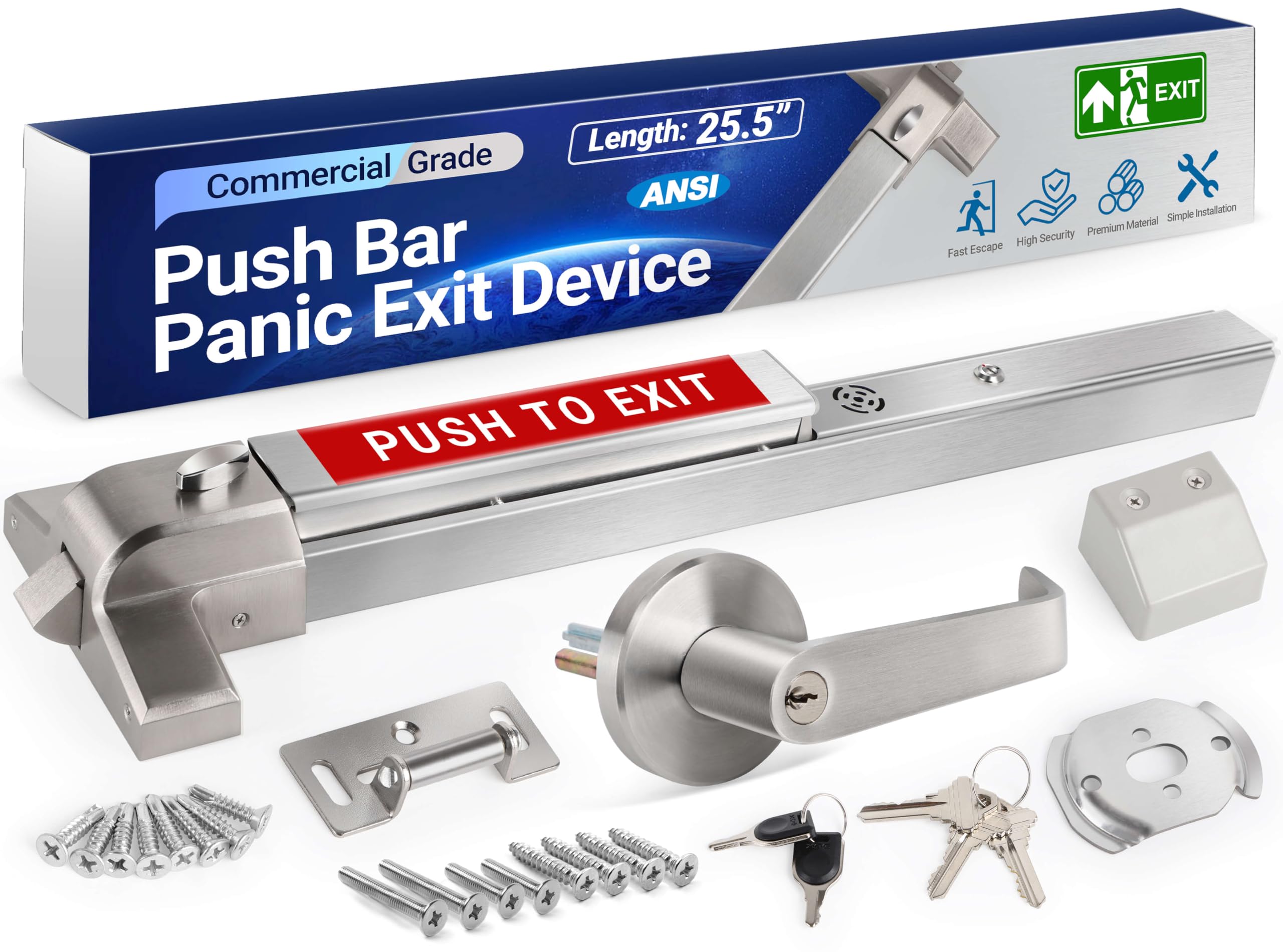 (2) 304 Stainless Steel Panic Bars for Emergency Exit Doors with Alarms - 25.5IN Commercial Door Push Bar Panic Exit Device with Exterior Lever Handle, Panic Door Hardware for 26-41IN Wooden/Metal Doors (BID IS PER ITEM, LOT IS FOR 2 ITEMS TOTAL.)