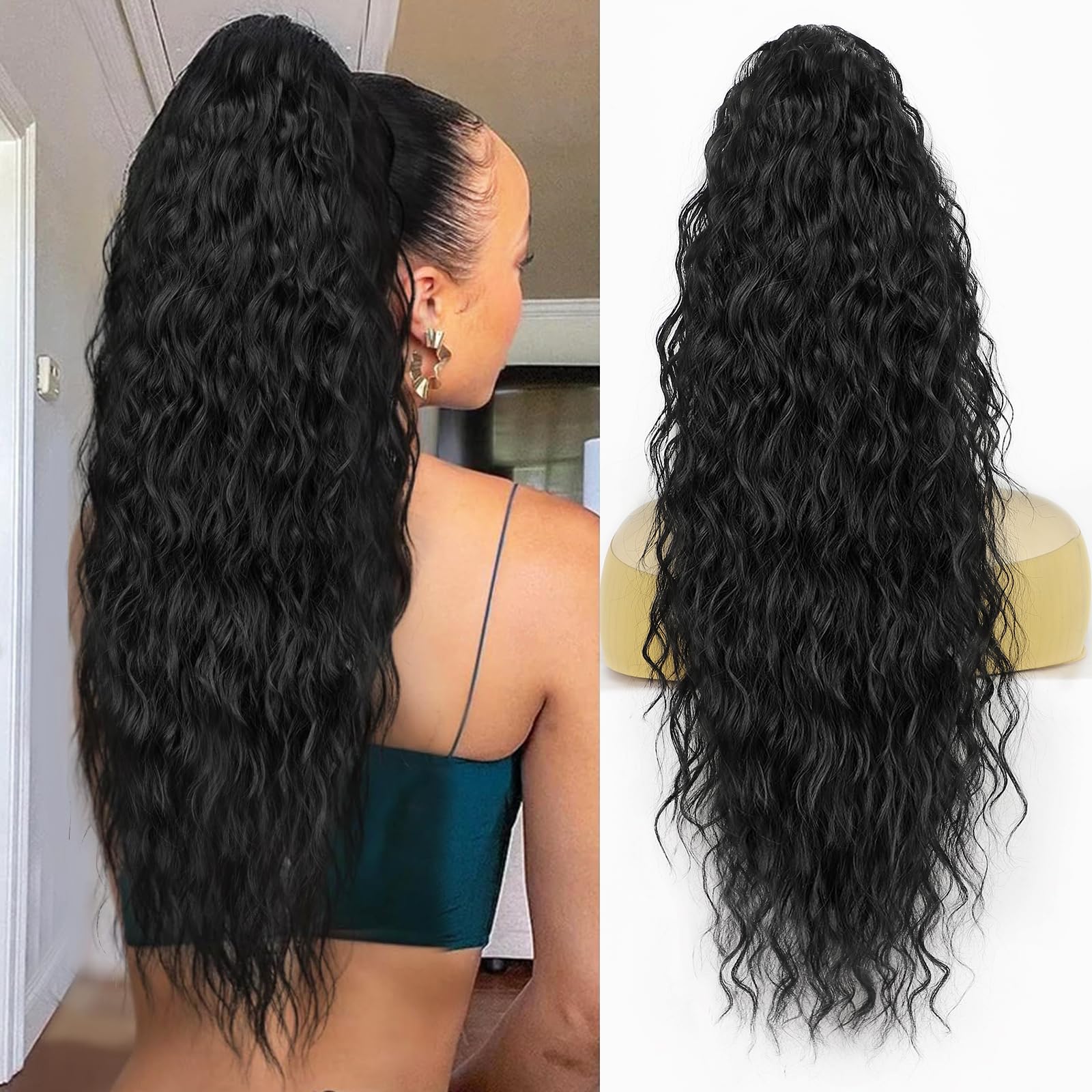 Rosooi Drawstring Ponytail Extension,Long Curly Wavy ponytail extension for black women 26 Inch black clip in ponytail hair extensions