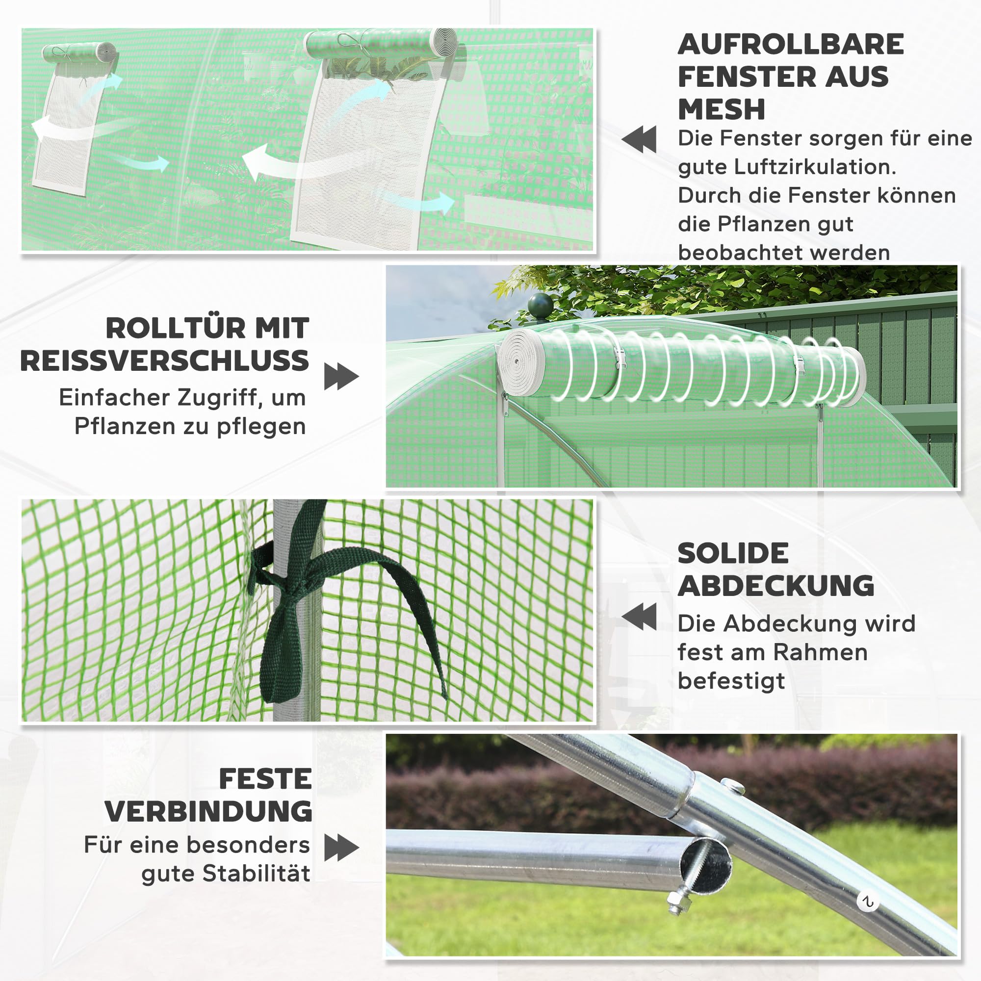 Outsunny Foliengewächshaus begehbares Polytunnel 6 x 3 m Gewächshaus mit 8 Fenster Treibhaus Frostschutz Stahlrohr Dunkelgrün