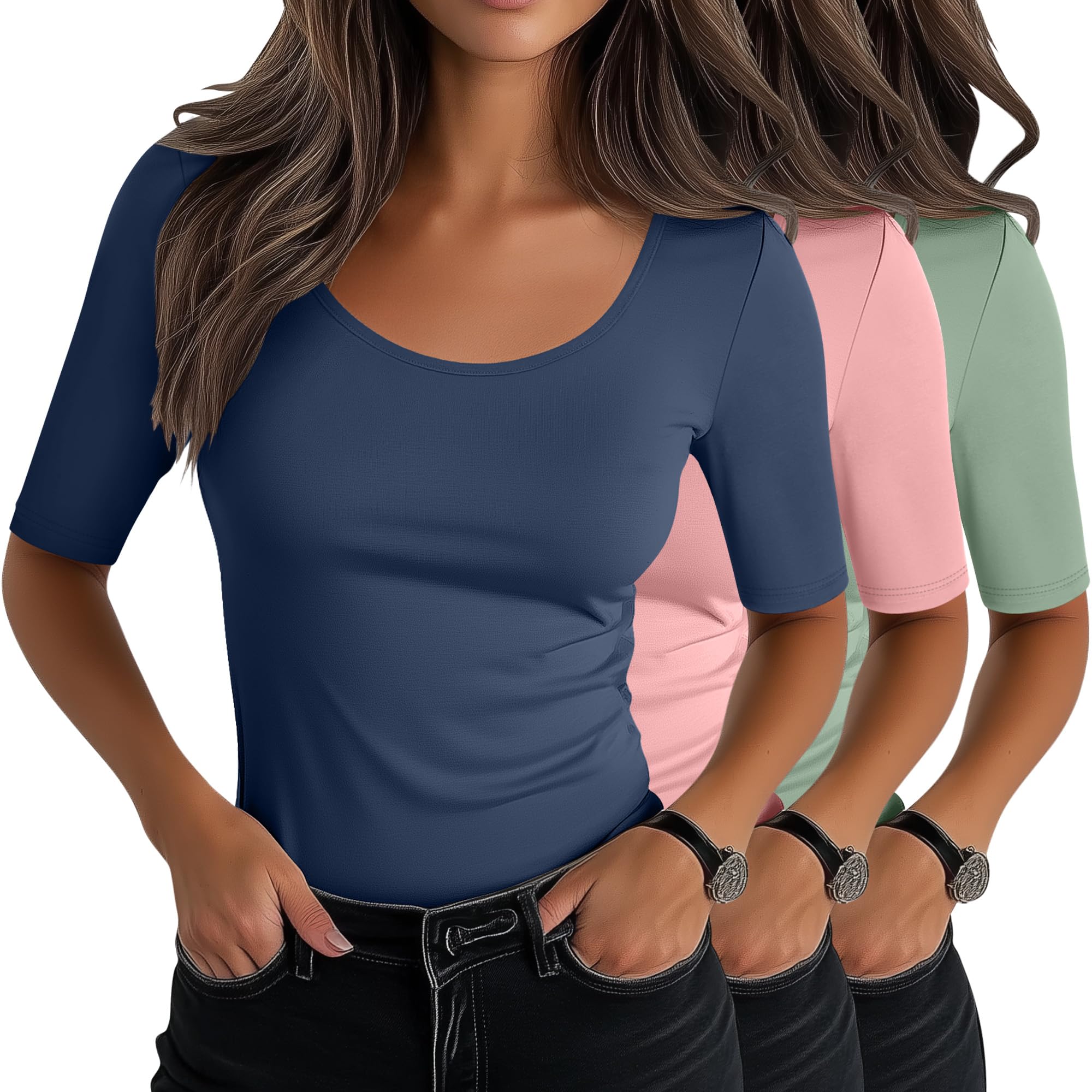 Neer 3 Pack Women's Scoop Neck Stretchy Tops Cotton Half Sleeve Slim Fitted T-Shirts Tight Casual Basic Summer Tees