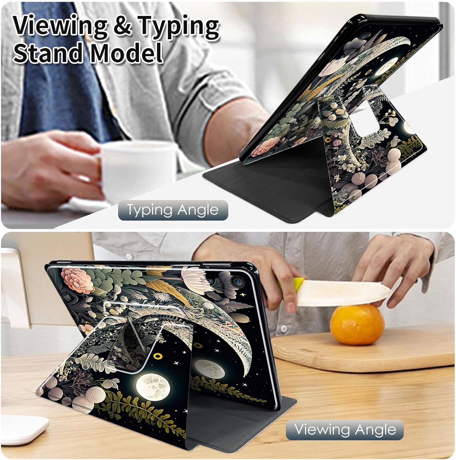 Case for Amazon Kindle Fire HD 8 Tablet (8th/7th/6th Generation,2018/2017/2016 Release),Multi-Angle Viewing 360 Degree Rotating Stand Smart Fold Cover with Auto Wake/Sleep, Moon Flowers Night