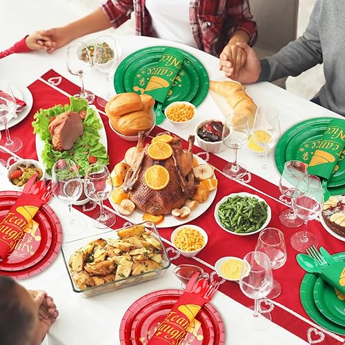 Miniatura 4 de Sliner 175 piezas de suministros de fiesta de Navidad, juego de vajilla desechable de equipo travieso o agradable, platos de papel rojo y verde de