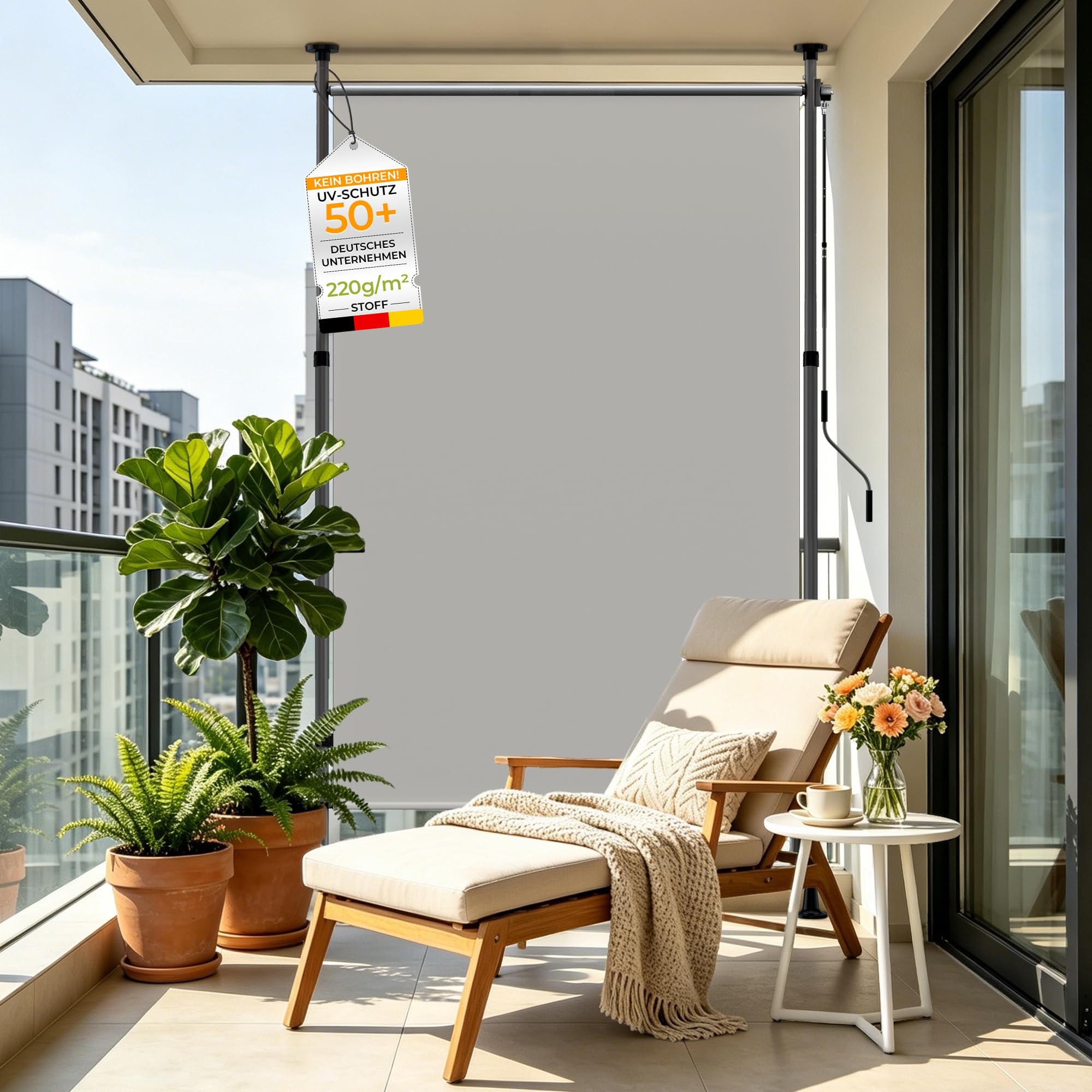 HOMEDEMO Senkrechtmarkise Außen, Vertikalmarkise ohne Bohren, Balkonrollo mit Handkurbel, Sonnenschutz Windschutz, Außenrollo für Balkon Terrasse Garten