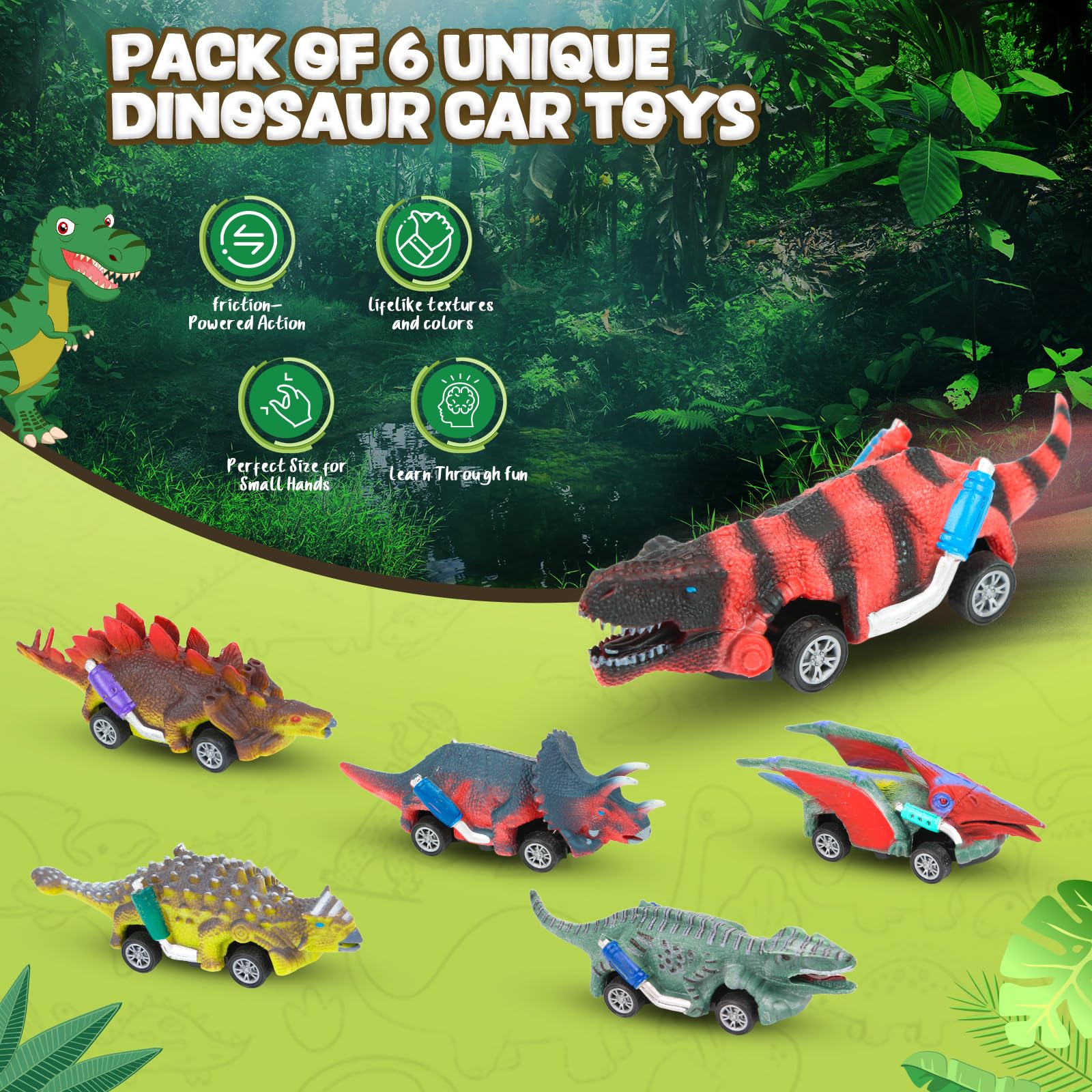 Dinosaur Pull Back Cars - 6 Pack for Toddlers -2 Dinosaur Pull Back Cars - 6 Pack for Toddlers -2